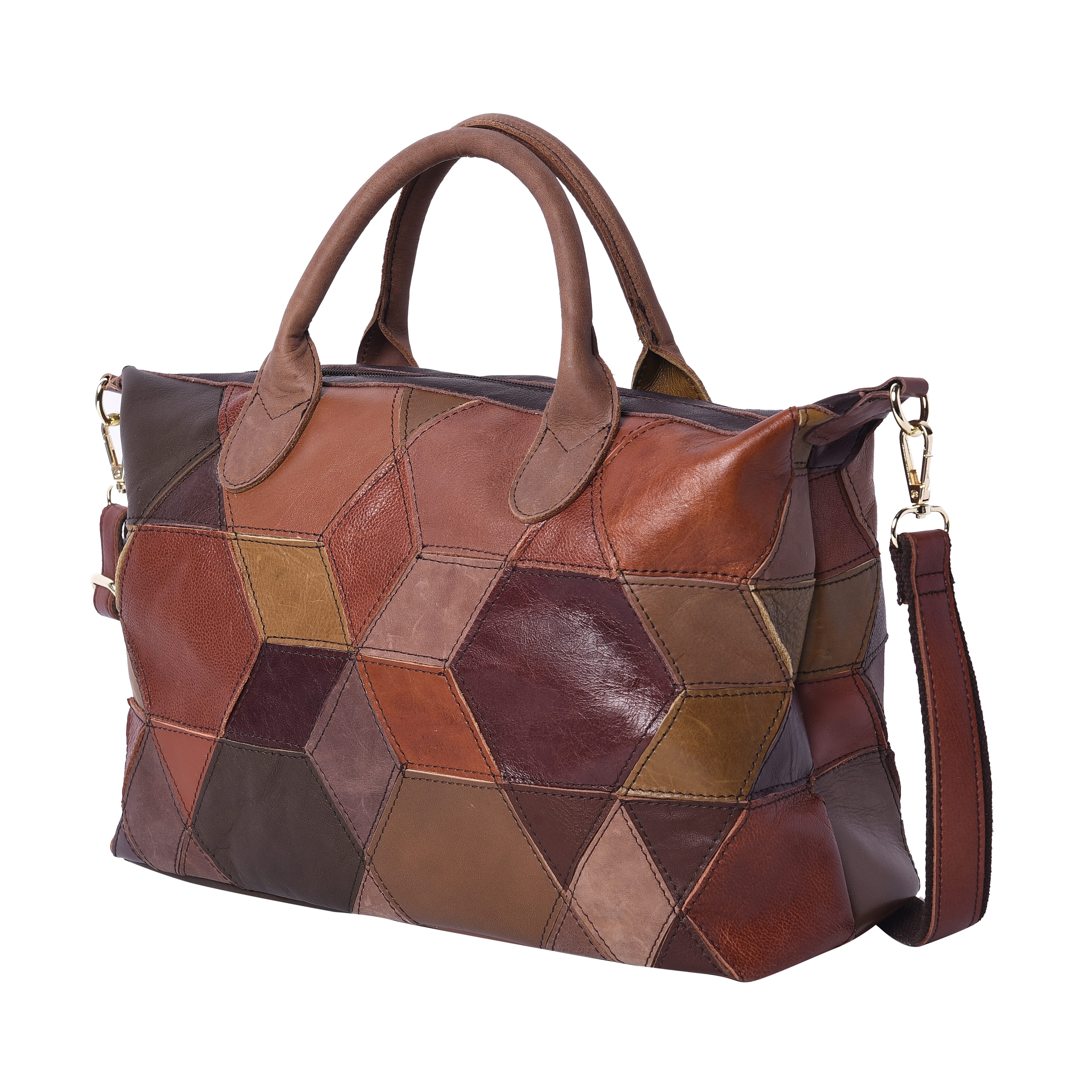 100% Genuine Leather Patch Tote Bag with Zipper Closure and Adjustable Shoulder Strap (Size 34x16x22 Cm) - Brown and Multi