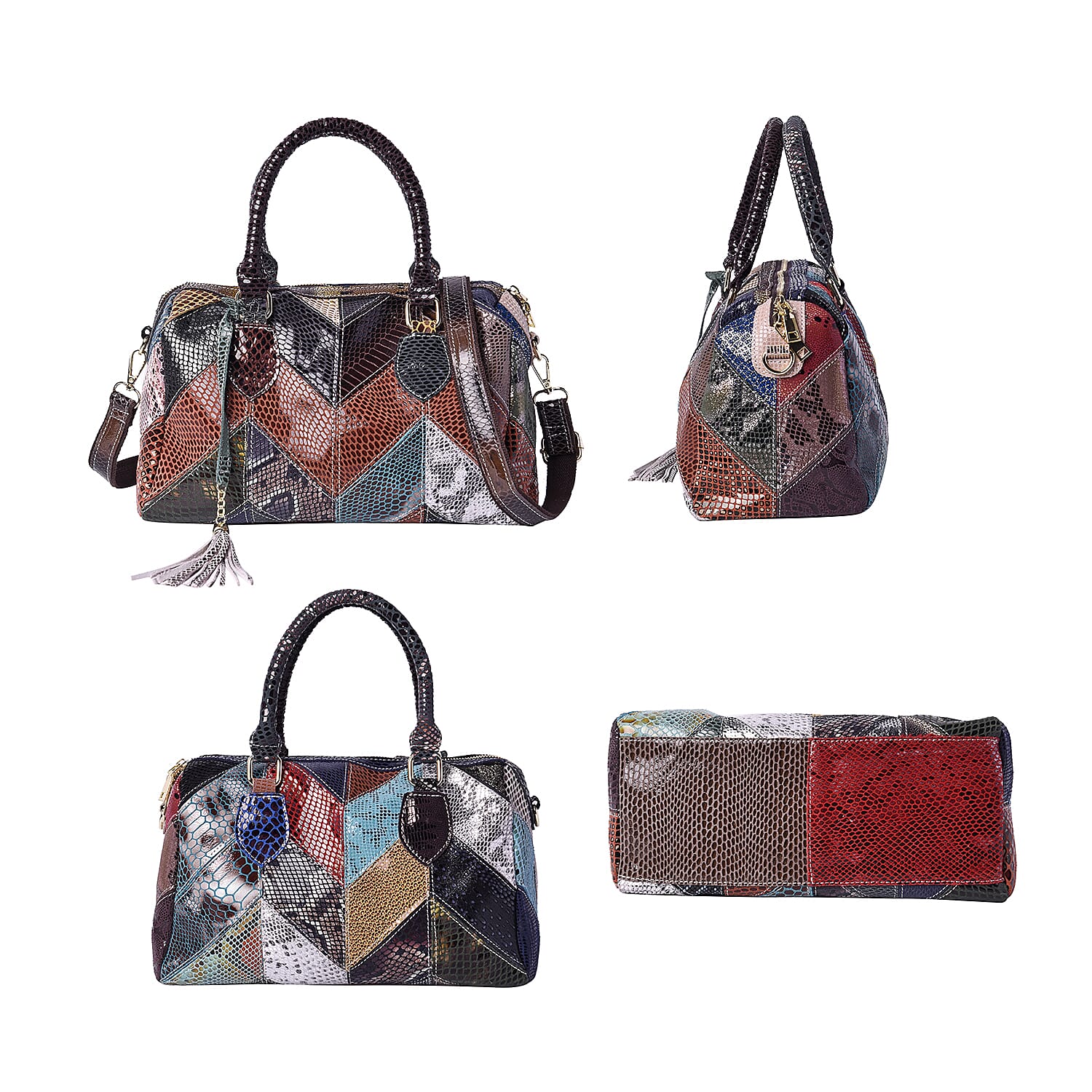 100% Genuine Leather Snake Skin Pattern Tote Bag with Zipper Closure and Adjustable Shoulder Strap (Size 29x14x24 Cm) - Black, Brown and Multi