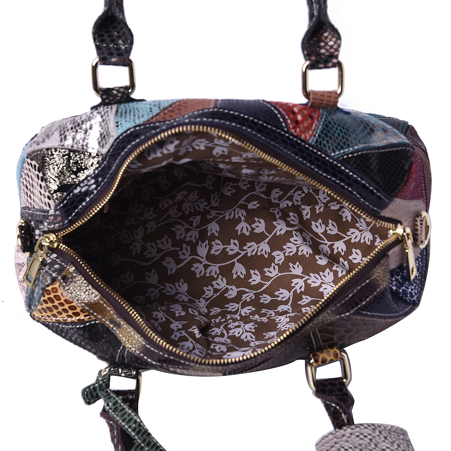 100% Genuine Leather Snake Skin Pattern Tote Bag with Zipper Closure and Adjustable Shoulder Strap (Size 29x14x24 Cm) - Black, Brown and Multi