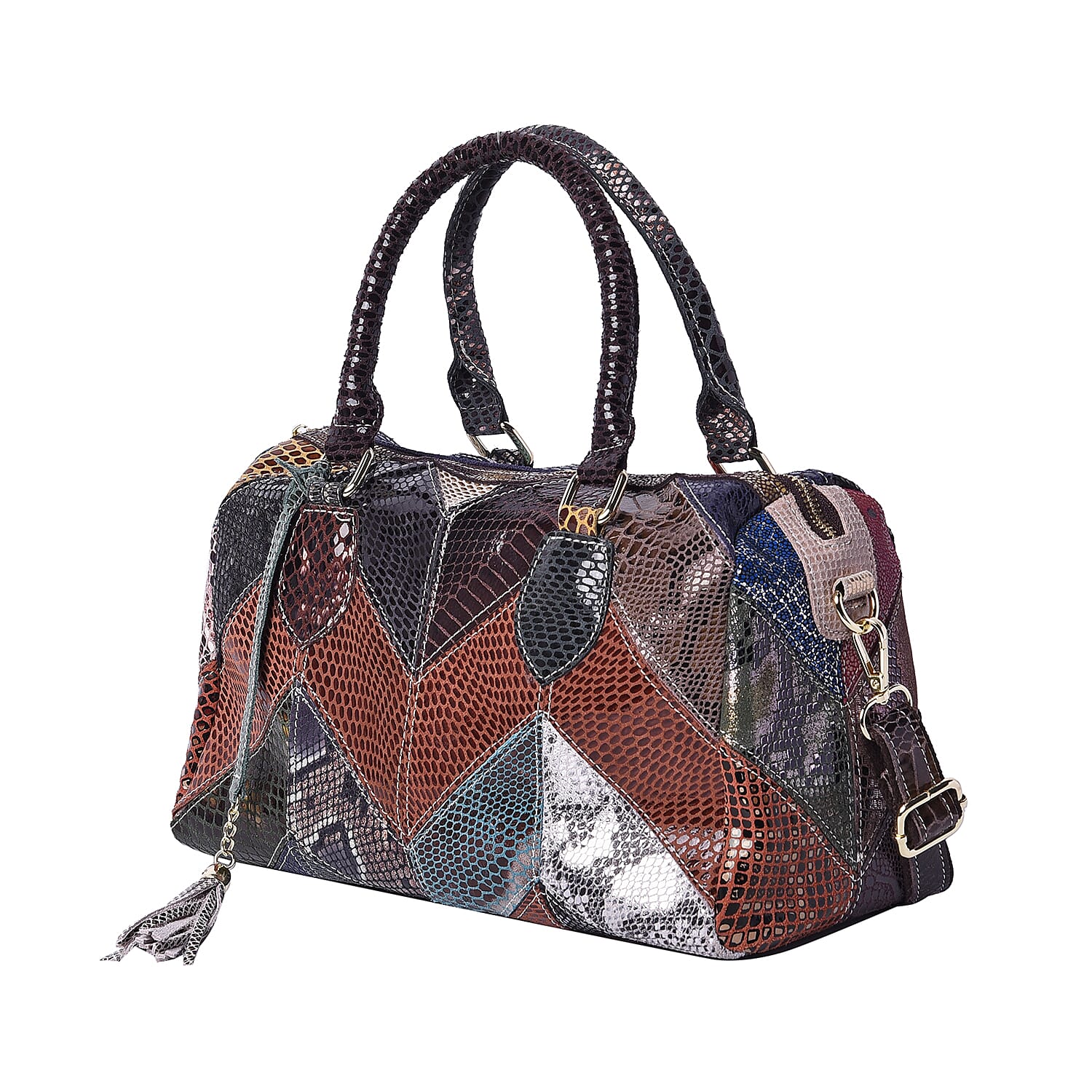 100% Genuine Leather Snake Skin Pattern Tote Bag with Zipper Closure and Adjustable Shoulder Strap (Size 29x14x24 Cm) - Black, Brown and Multi