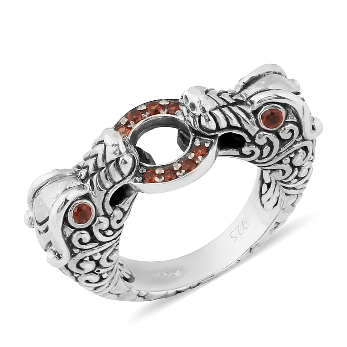 Bali Legacy Collection - Mozambique Garnet Dragon Head Ring in Sterling Silver Ring, Silver wt 9.50 Gms.