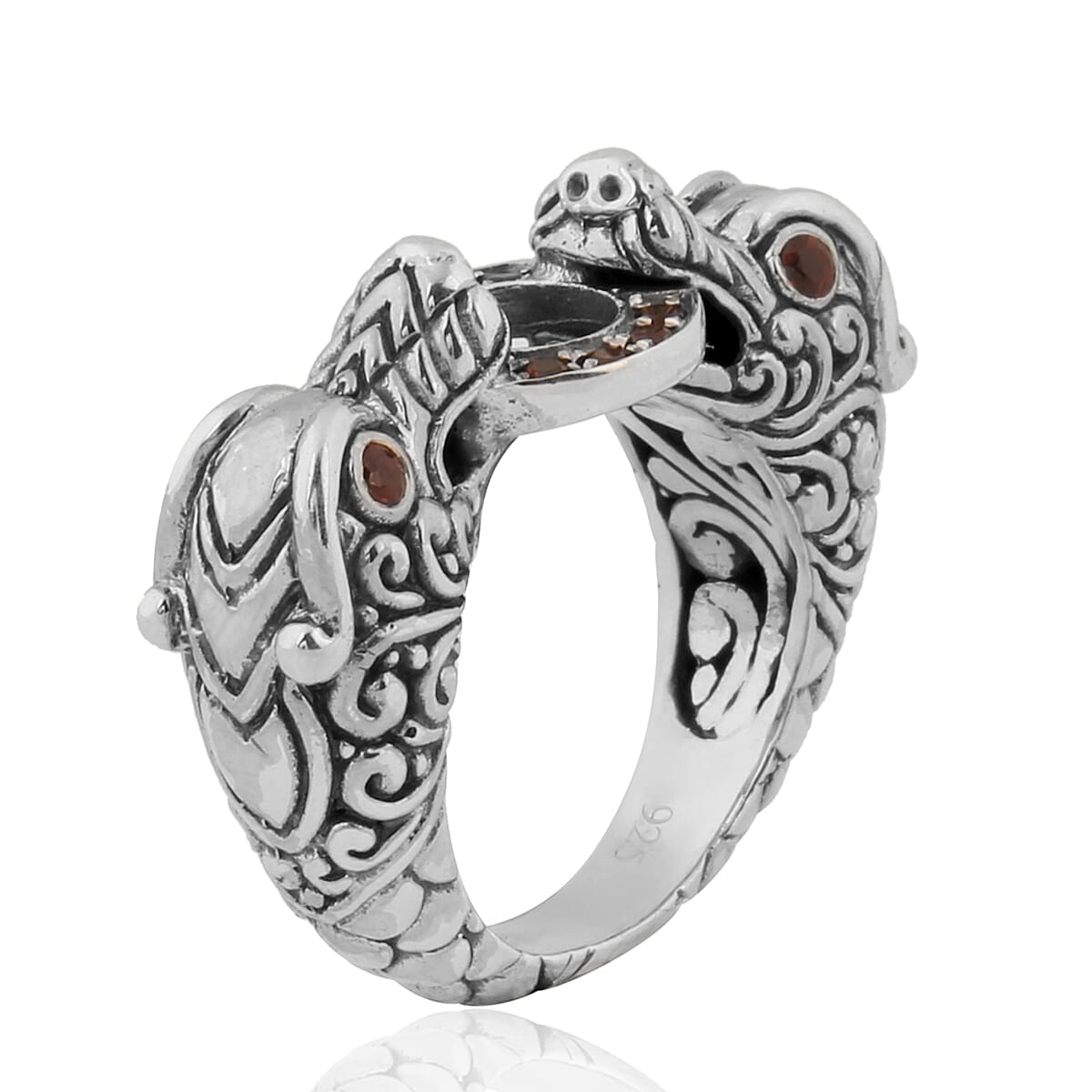 Bali Legacy Collection - Mozambique Garnet Dragon Head Ring in Sterling Silver Ring, Silver wt 9.50 Gms.