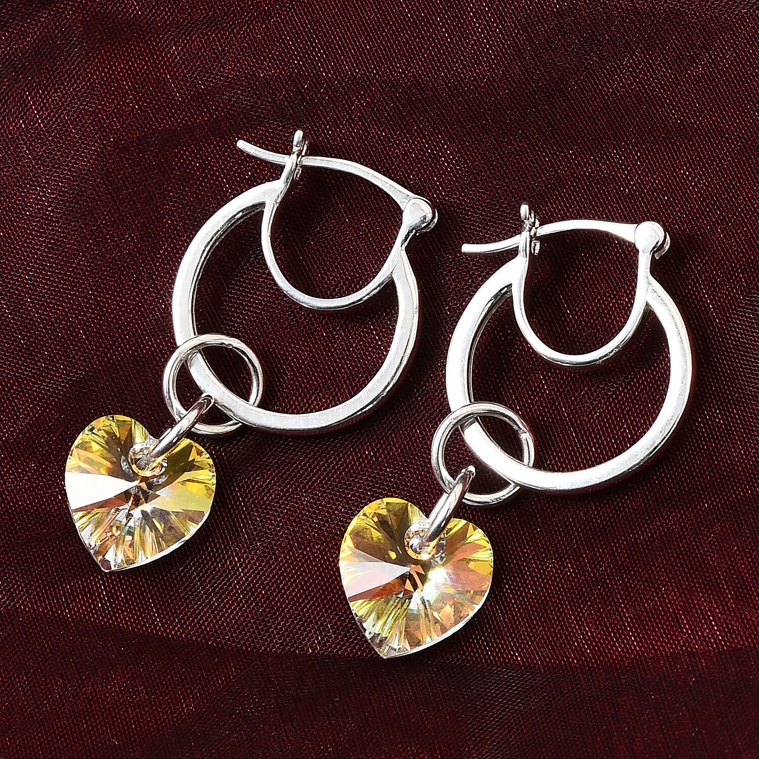 Lustro Stella AB Crystal Heart Drop Hoop Earrings (with Clasp) in Sterling Silver