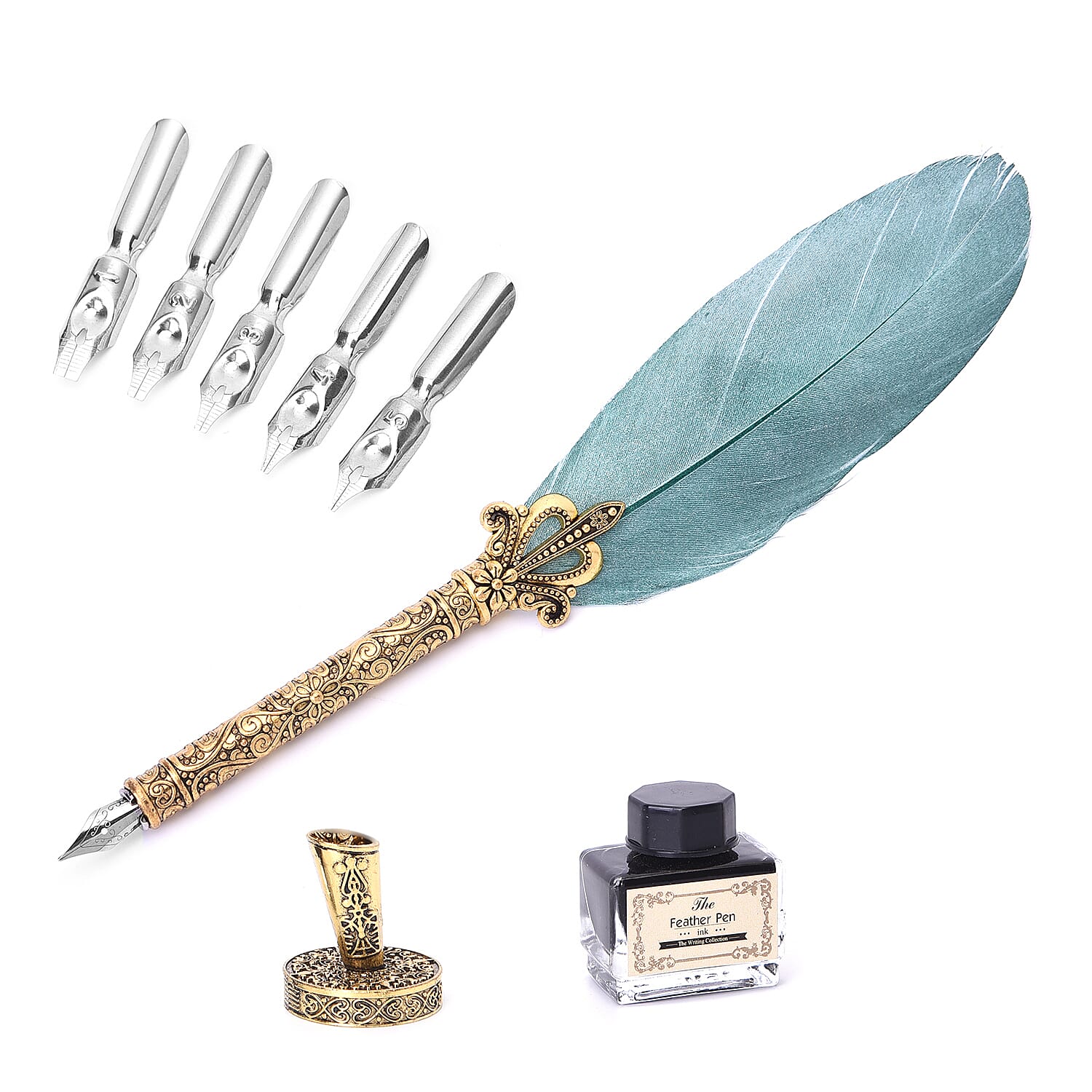 Set of Teal Feather Pen with Pen Stand, Black Ink (15ml) and 6-Different Nip Shapes in Gold Tone