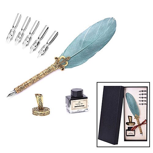 Set of Teal Feather Pen with Pen Stand, Black Ink (15ml) and 6-Different Nip Shapes in Gold Tone