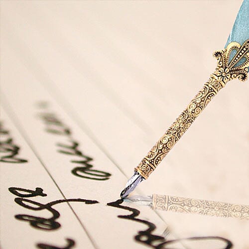 Set of Teal Feather Pen with Pen Stand, Black Ink (15ml) and 6-Different Nip Shapes in Gold Tone