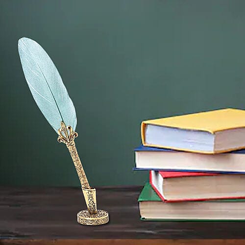 Set of Teal Feather Pen with Pen Stand, Black Ink (15ml) and 6-Different Nip Shapes in Gold Tone