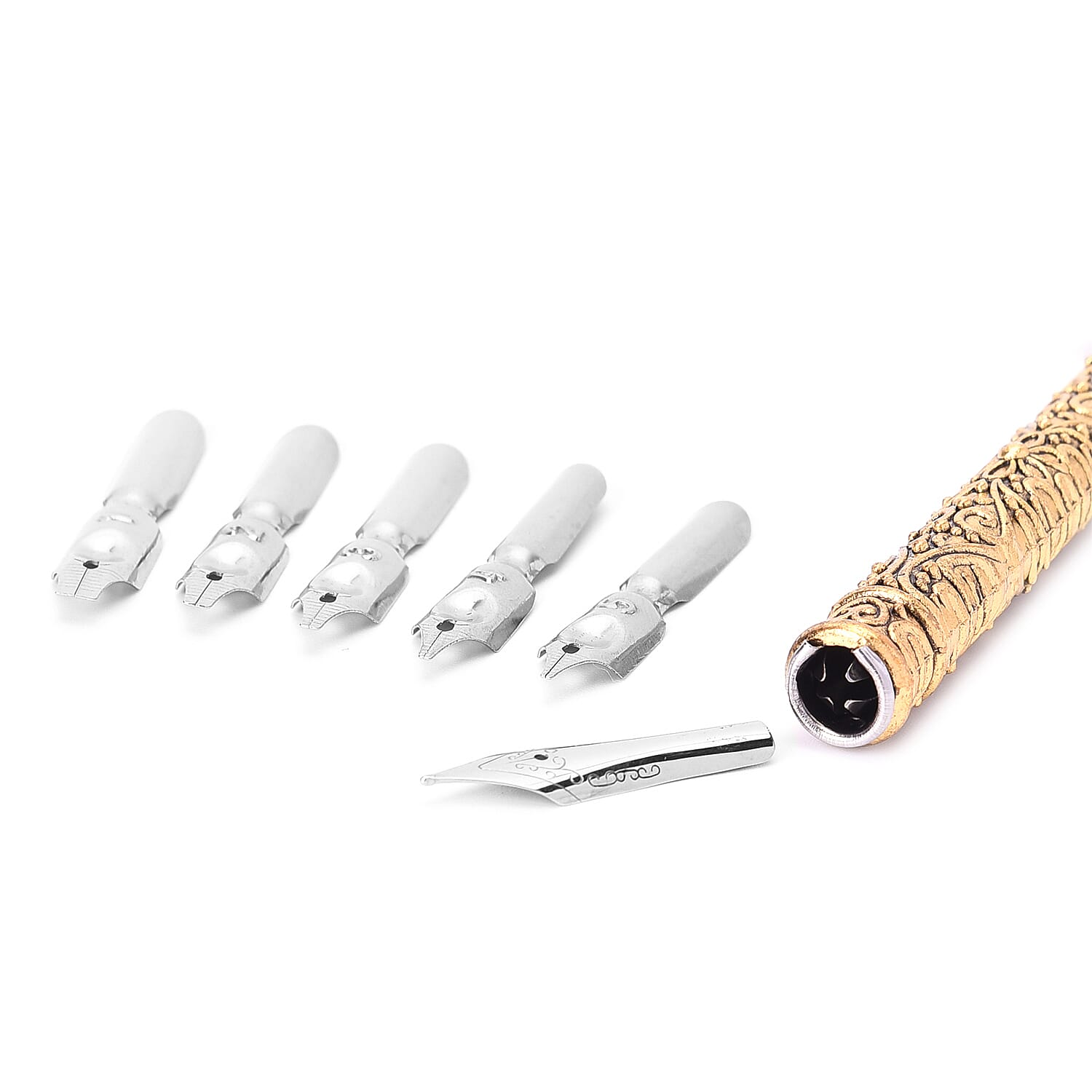 Set of Teal Feather Pen with Pen Stand, Black Ink (15ml) and 6-Different Nip Shapes in Gold Tone