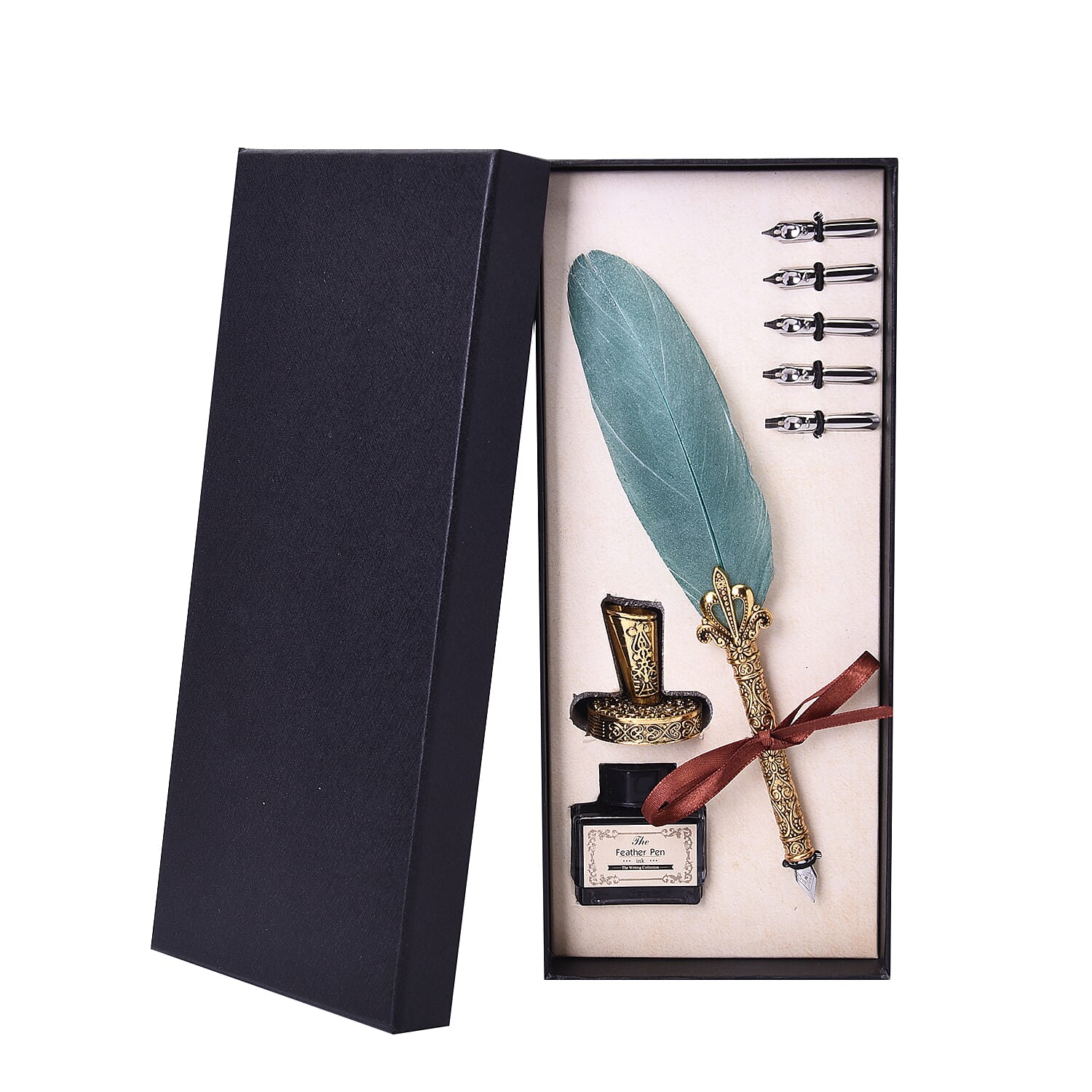 Set of Teal Feather Pen with Pen Stand, Black Ink (15ml) and 6-Different Nip Shapes in Gold Tone