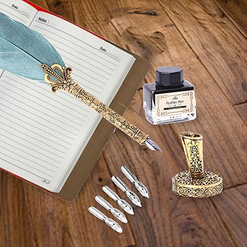 Set of Teal Feather Pen with Pen Stand, Black Ink (15ml) and 6-Different Nip Shapes in Gold Tone