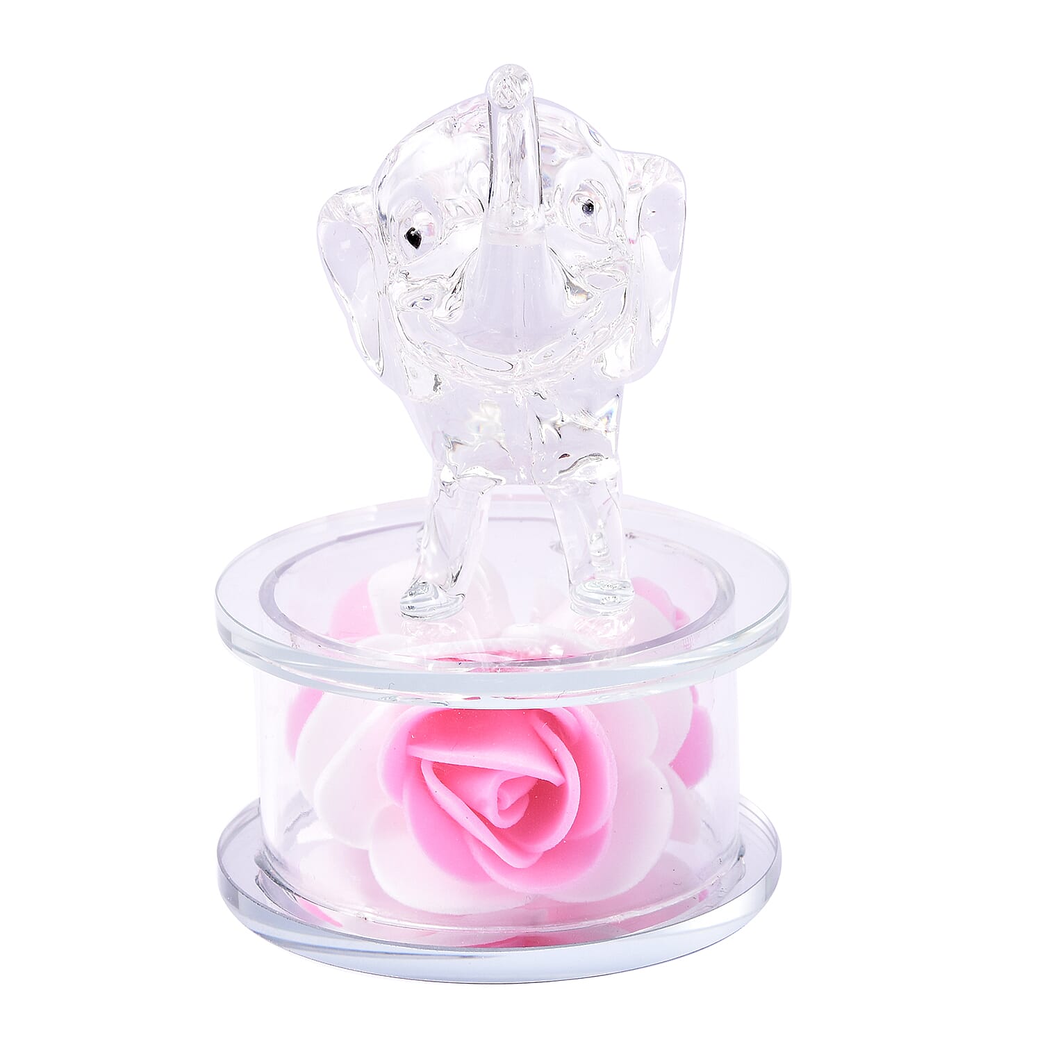 Decorative White Crystal Glass Elephant on Pink Flower Round Stand (12x8x10cm)