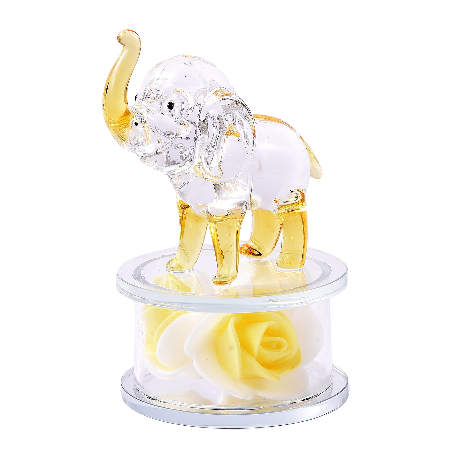 Decorative Yellow Crystal Glass Elephant on Yellow Flower Round Stand (12x8x10cm)