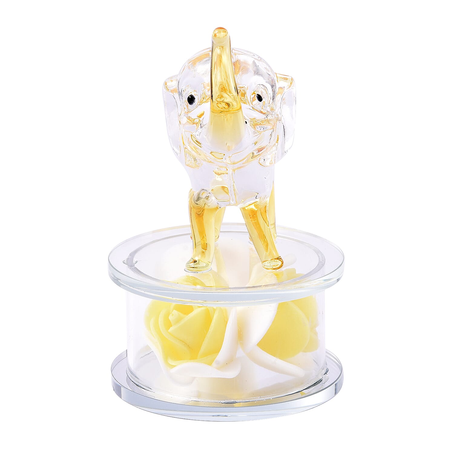 Decorative Yellow Crystal Glass Elephant on Yellow Flower Round Stand (12x8x10cm)