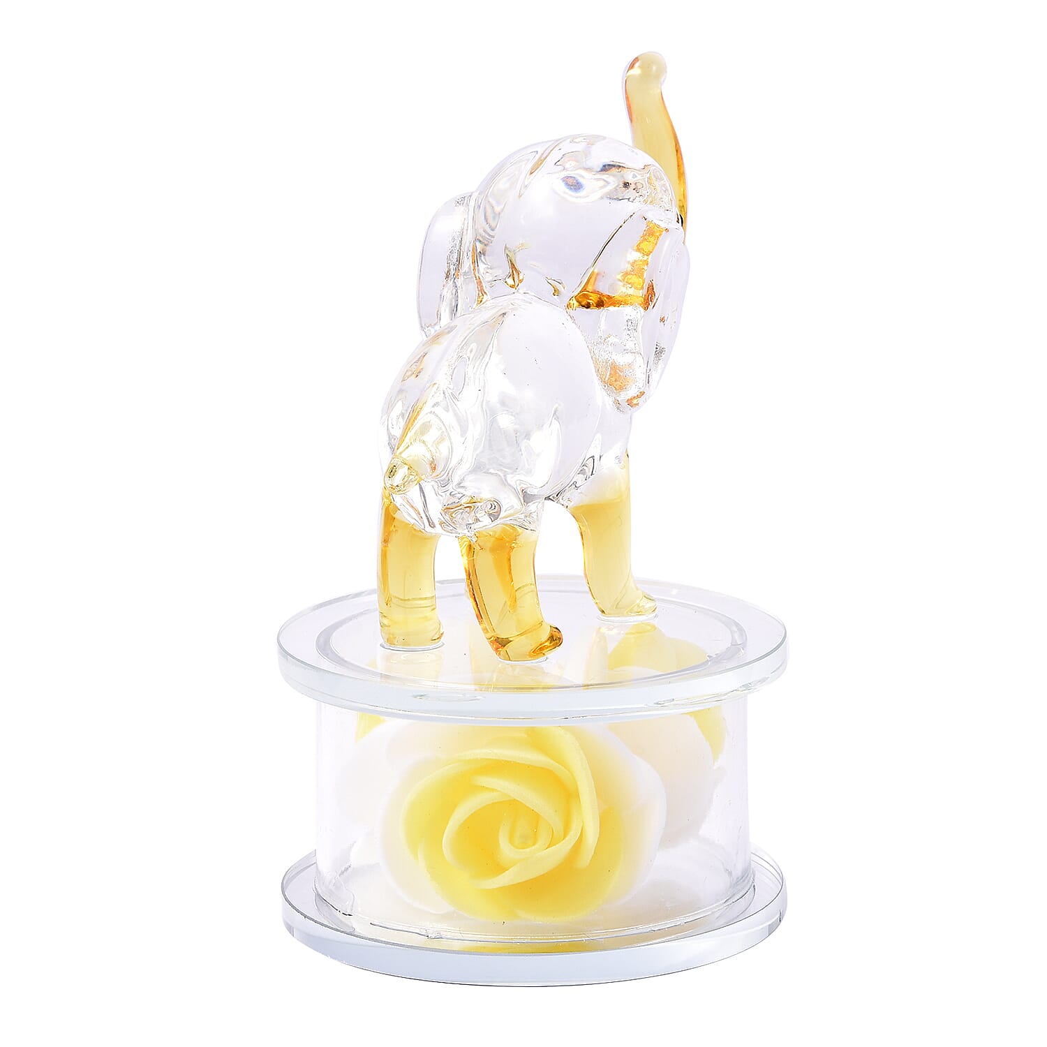 Decorative Yellow Crystal Glass Elephant on Yellow Flower Round Stand (12x8x10cm)