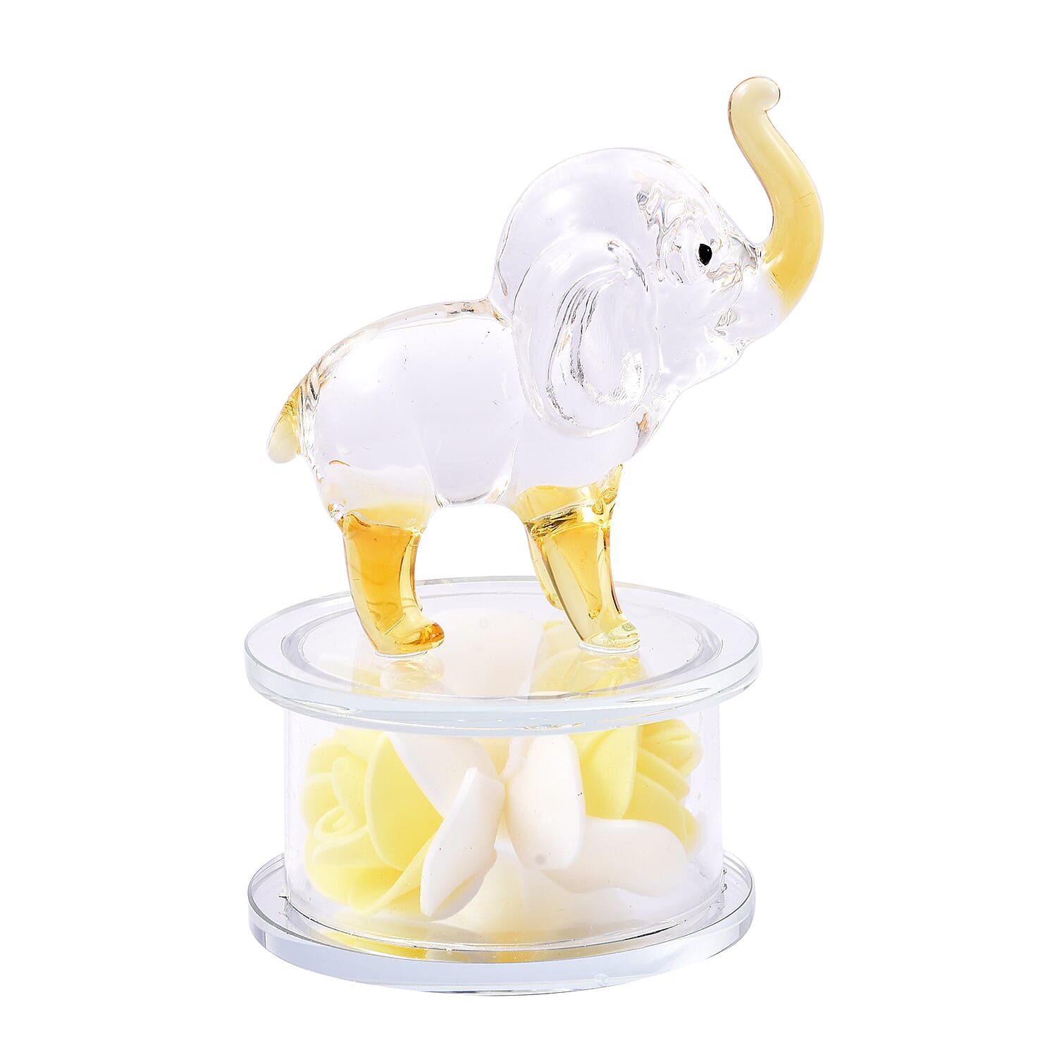 Decorative Yellow Crystal Glass Elephant on Yellow Flower Round Stand (12x8x10cm)