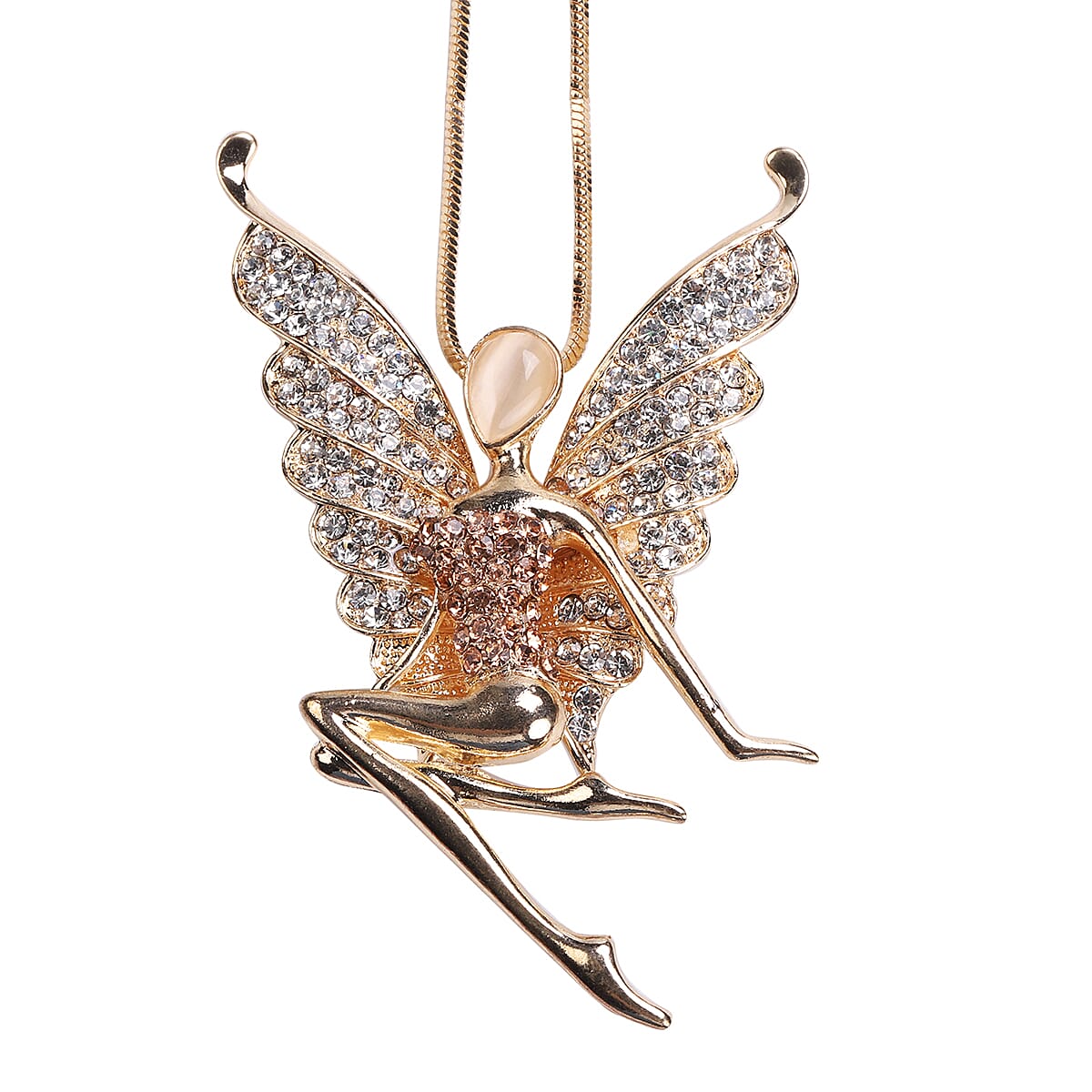 Simulated White Cats Eye, Champagne & White Austrain Crystal Fairy Pendant With Chain in Gold Tone