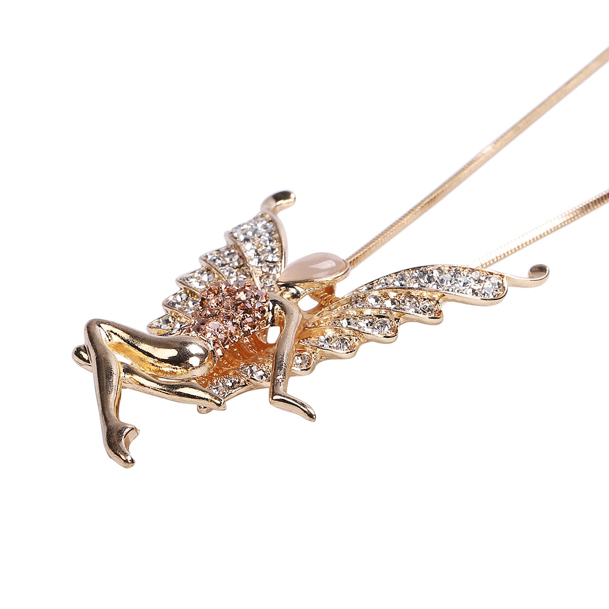 Simulated White Cats Eye, Champagne & White Austrain Crystal Fairy Pendant With Chain in Gold Tone