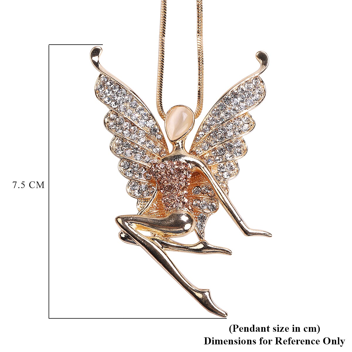 Simulated White Cats Eye, Champagne & White Austrain Crystal Fairy Pendant With Chain in Gold Tone