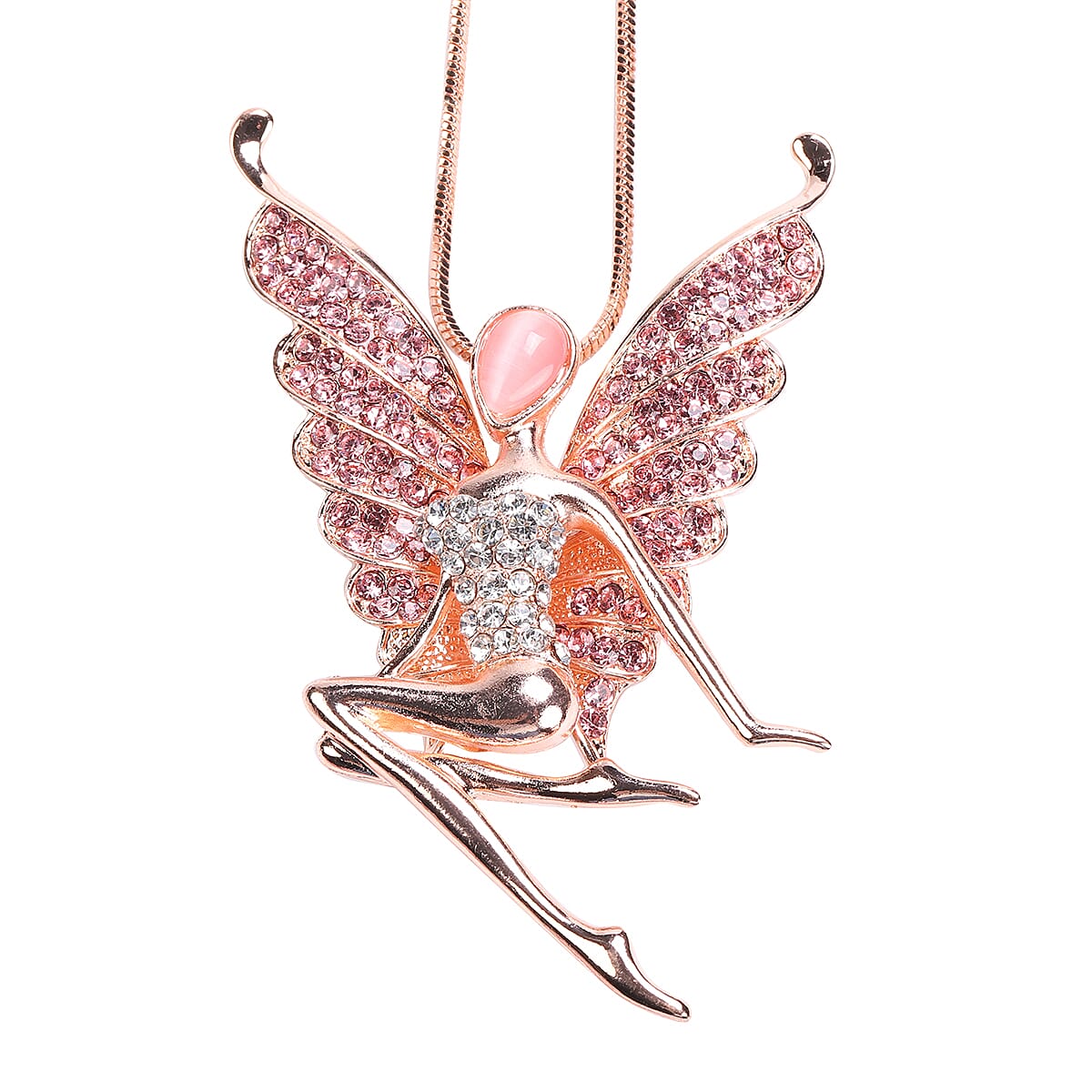 Simulated Pink Cats Eye, Pink & White Austrian Crystal Fairy Pendant With Chain in Rose Gold Tone