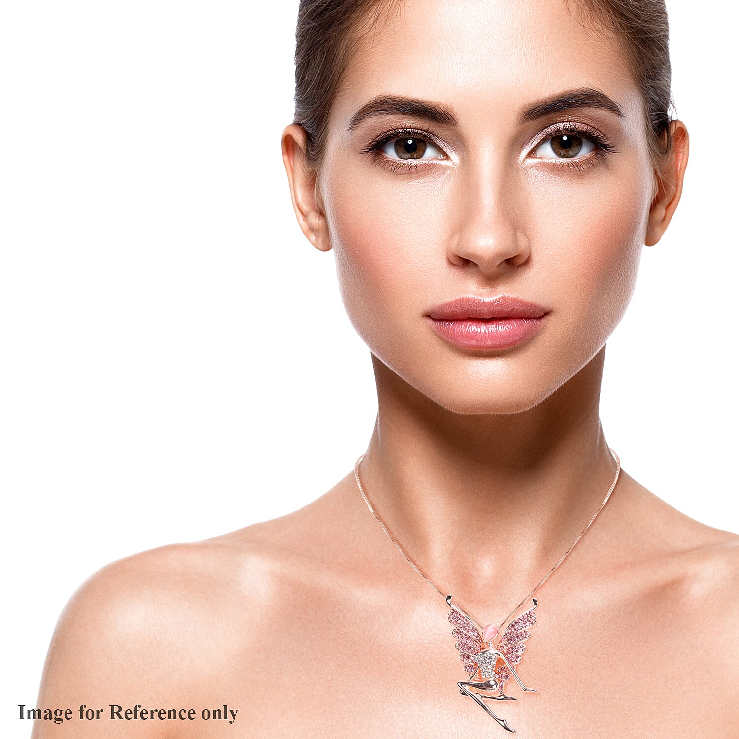 Simulated Pink Cats Eye, Pink & White Austrian Crystal Fairy Pendant With Chain in Rose Gold Tone