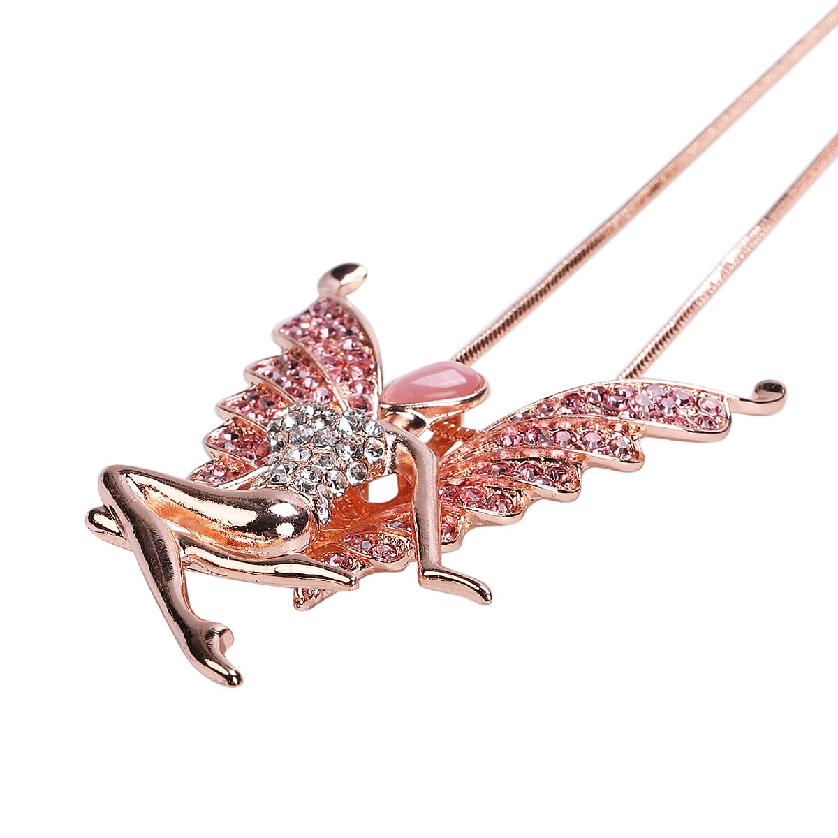 Simulated Pink Cats Eye, Pink & White Austrian Crystal Fairy Pendant With Chain in Rose Gold Tone