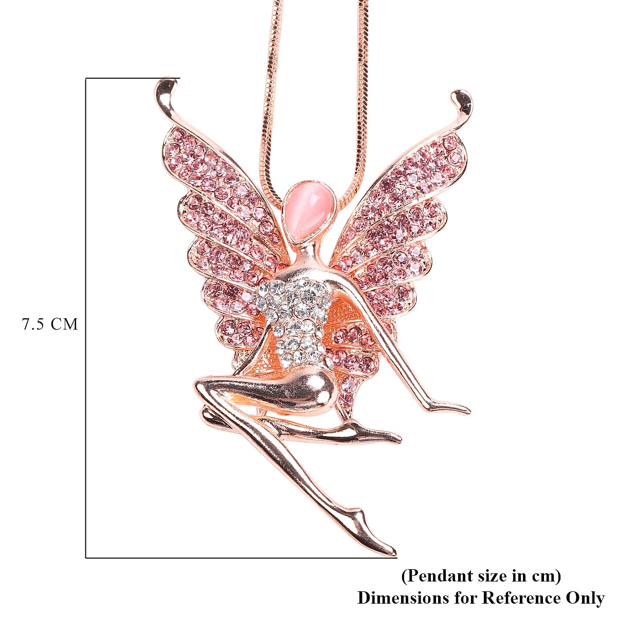 Simulated Pink Cats Eye, Pink & White Austrian Crystal Fairy Pendant With Chain in Rose Gold Tone