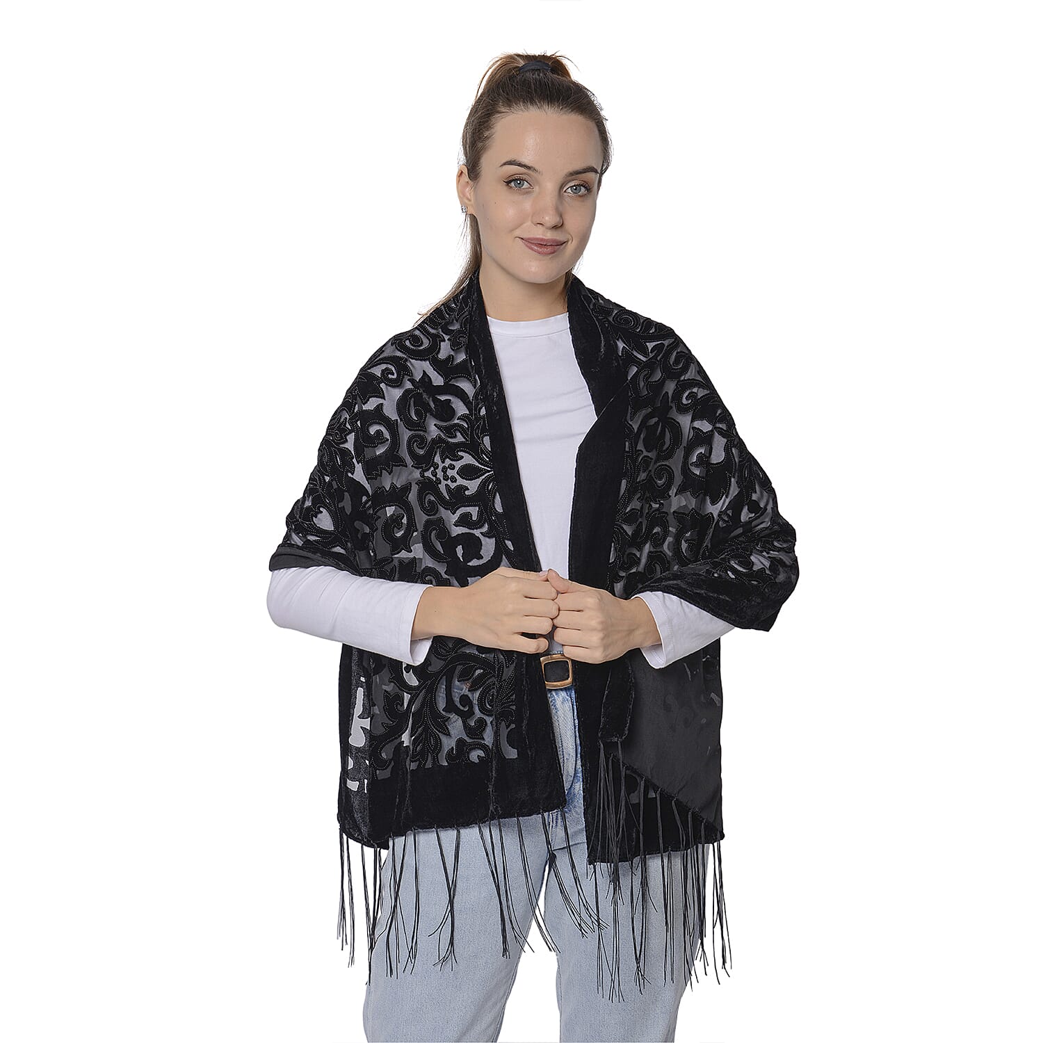 Burnout Scroll Pattern Velvet Scarf with Fringes(50x160+15cm) - Black