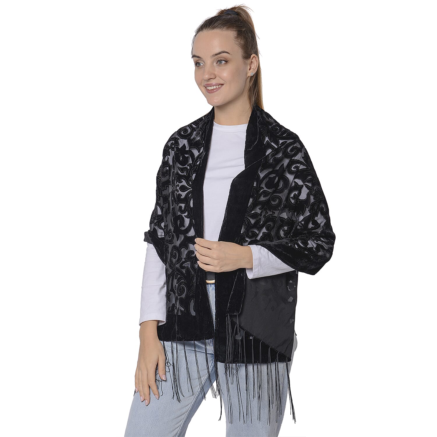 Burnout Scroll Pattern Velvet Scarf with Fringes(50x160+15cm) - Black