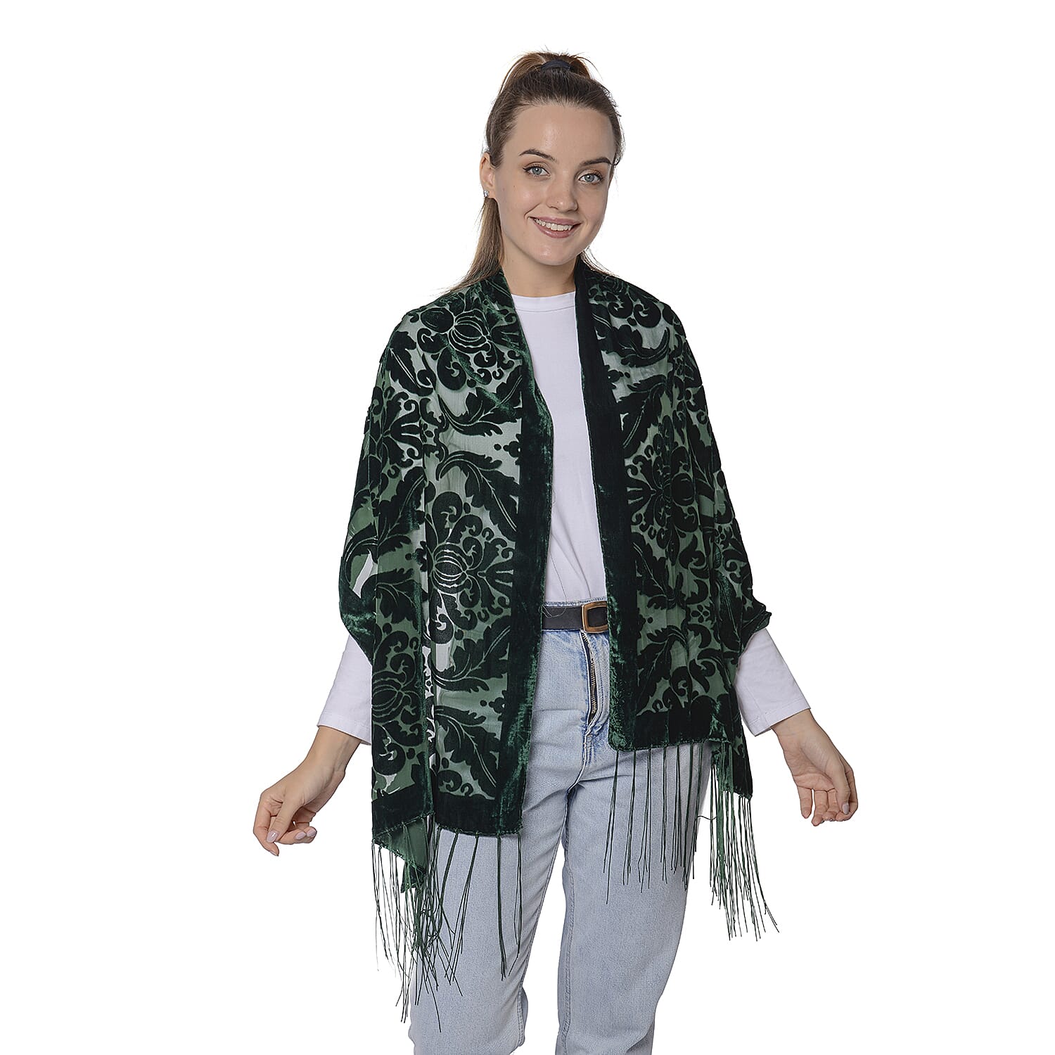 Burnout Damask Pattern Velvet Scarf with Fringes (50x160+15cm) - Green