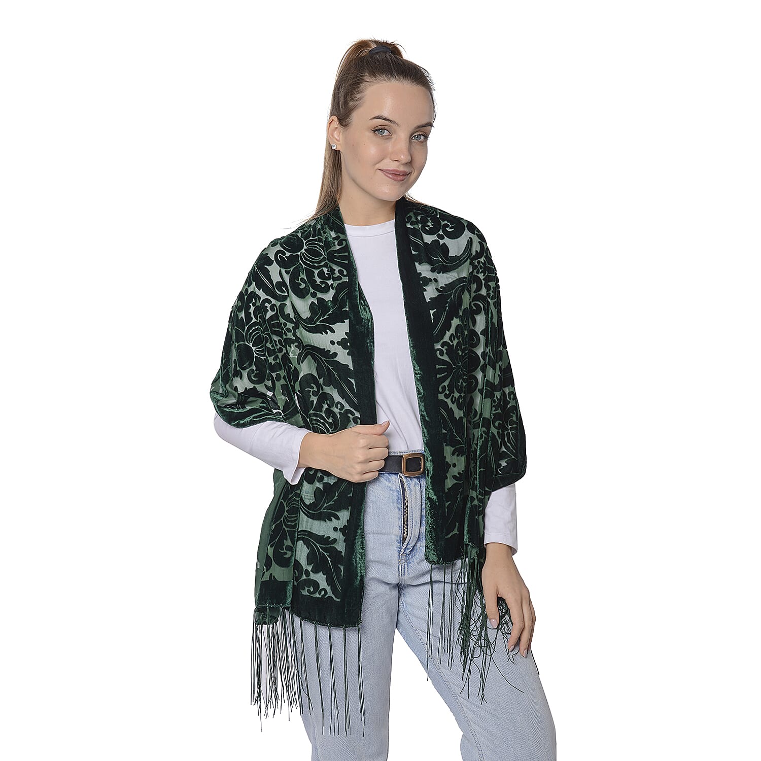 Burnout Damask Pattern Velvet Scarf with Fringes (50x160+15cm) - Green