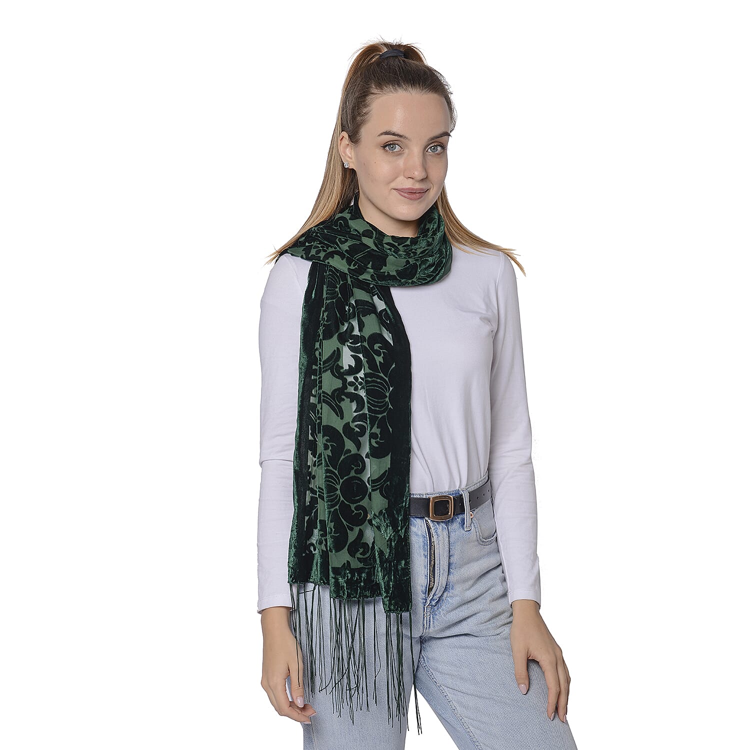 Burnout Damask Pattern Velvet Scarf with Fringes (50x160+15cm) - Green