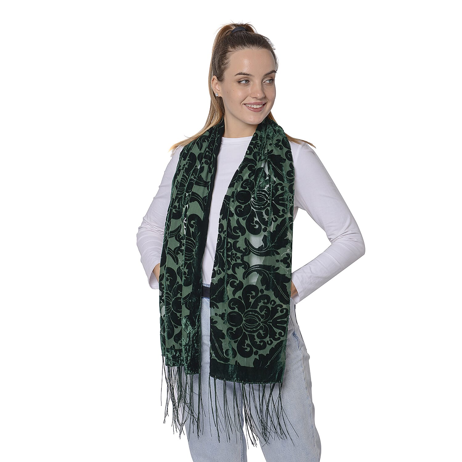 Burnout Damask Pattern Velvet Scarf with Fringes (50x160+15cm) - Green