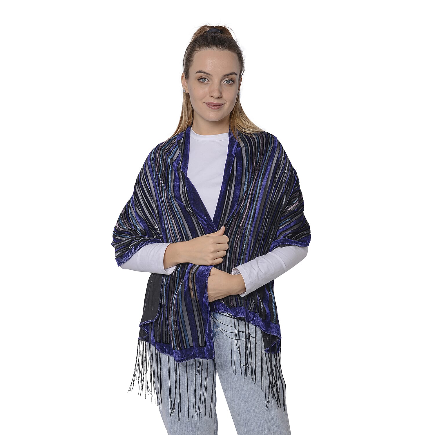 Burnout Stripe Pattern Velvet Scarf with Fringes(50x160+15cm) - Blue