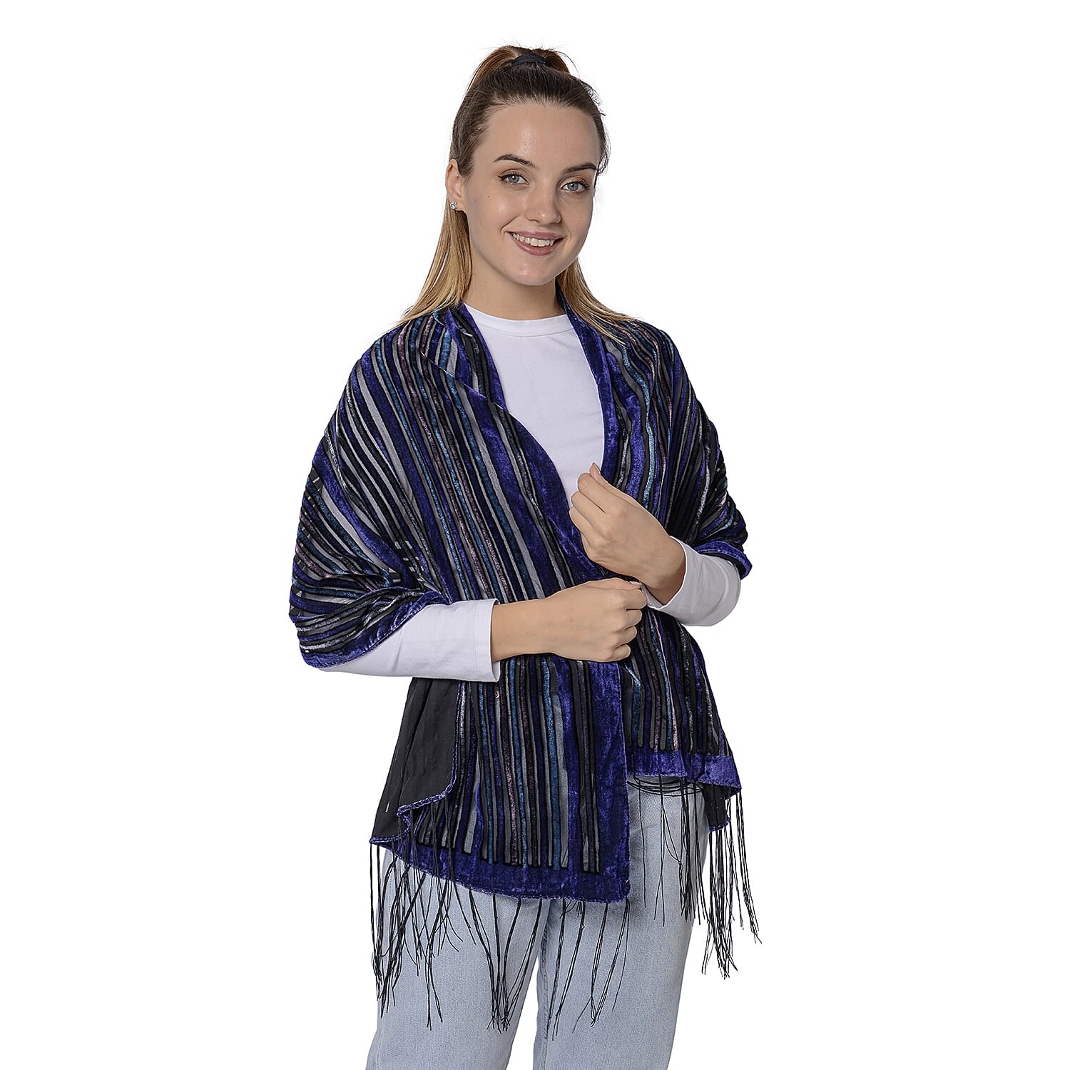 Burnout Stripe Pattern Velvet Scarf with Fringes(50x160+15cm) - Blue