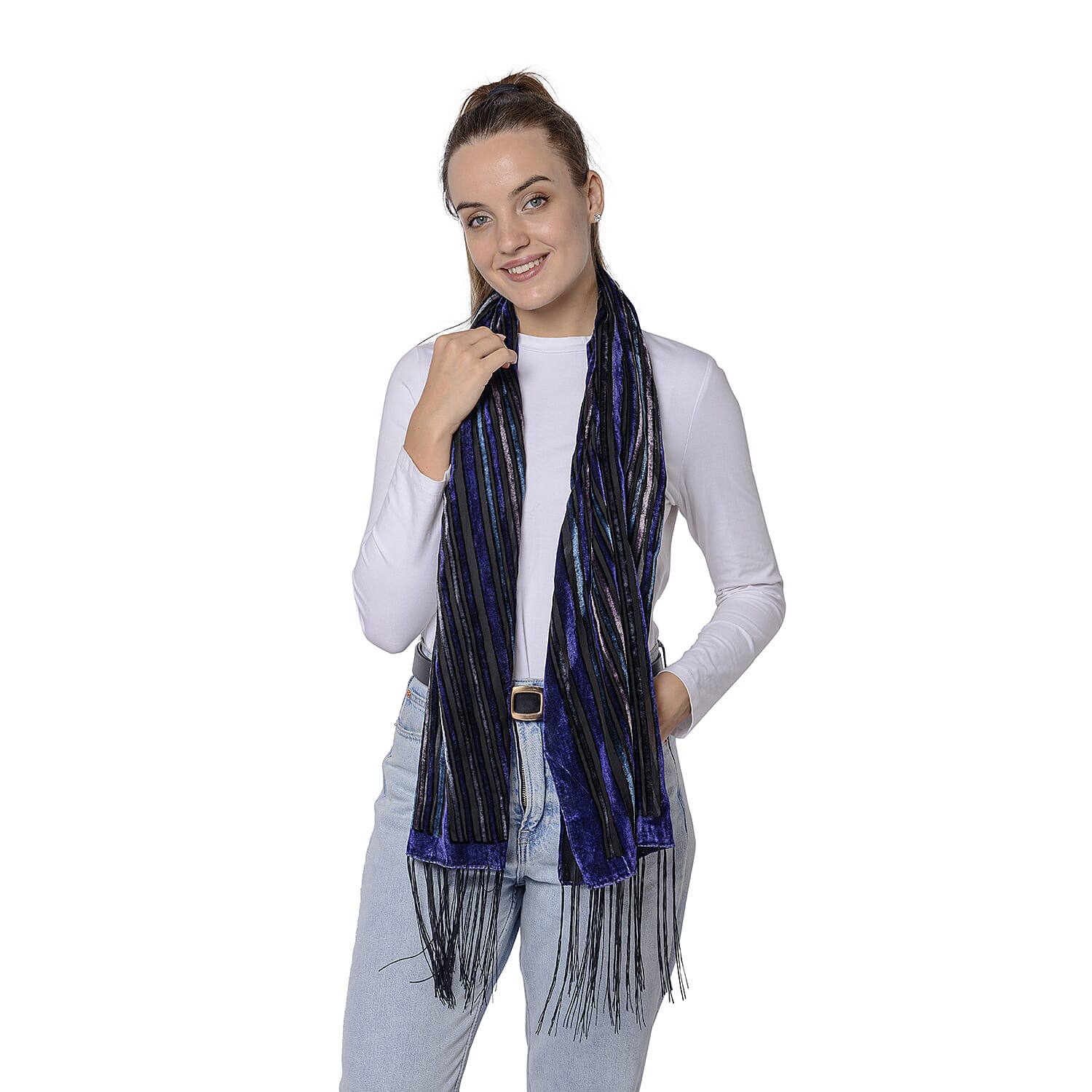 Burnout Stripe Pattern Velvet Scarf with Fringes(50x160+15cm) - Blue