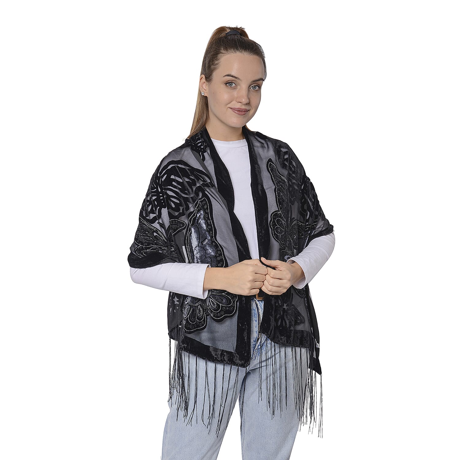 Burnout Butterfly Pattern Velvet Scarf with Fringes(50x160+15cm) - Black