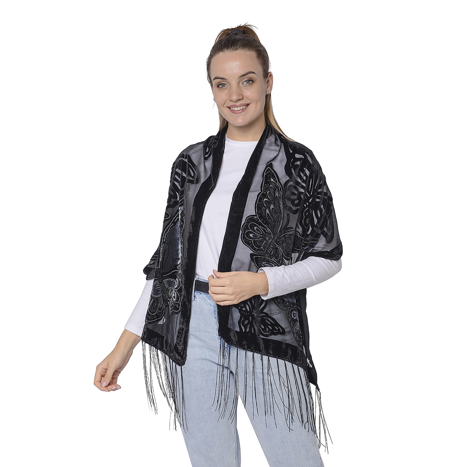 Burnout Butterfly Pattern Velvet Scarf with Fringes(50x160+15cm) - Black