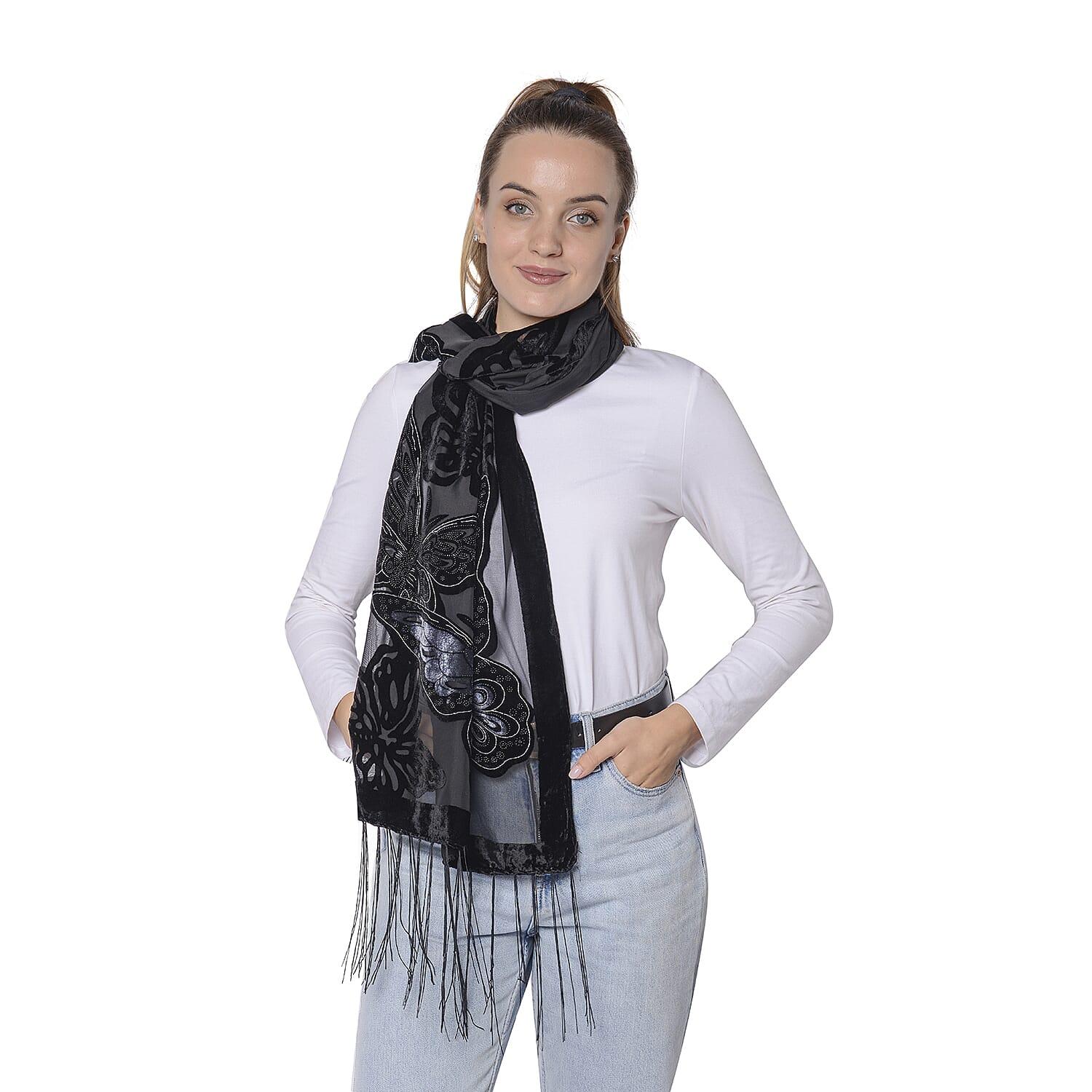 Burnout Butterfly Pattern Velvet Scarf with Fringes(50x160+15cm) - Black