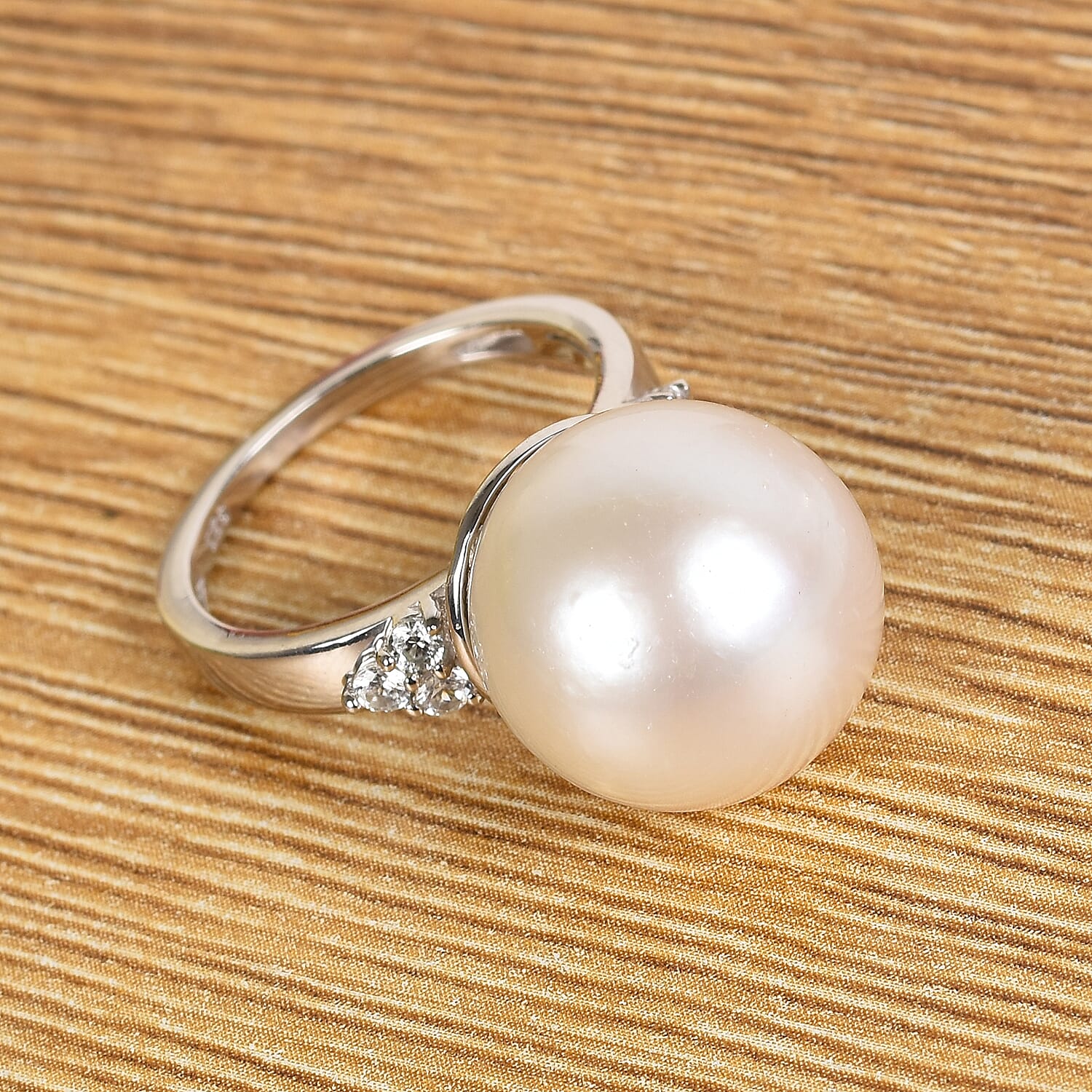 Edison Pearl and Natural Cambodian Zircon Ring in Platinum Overlay Sterling Silver