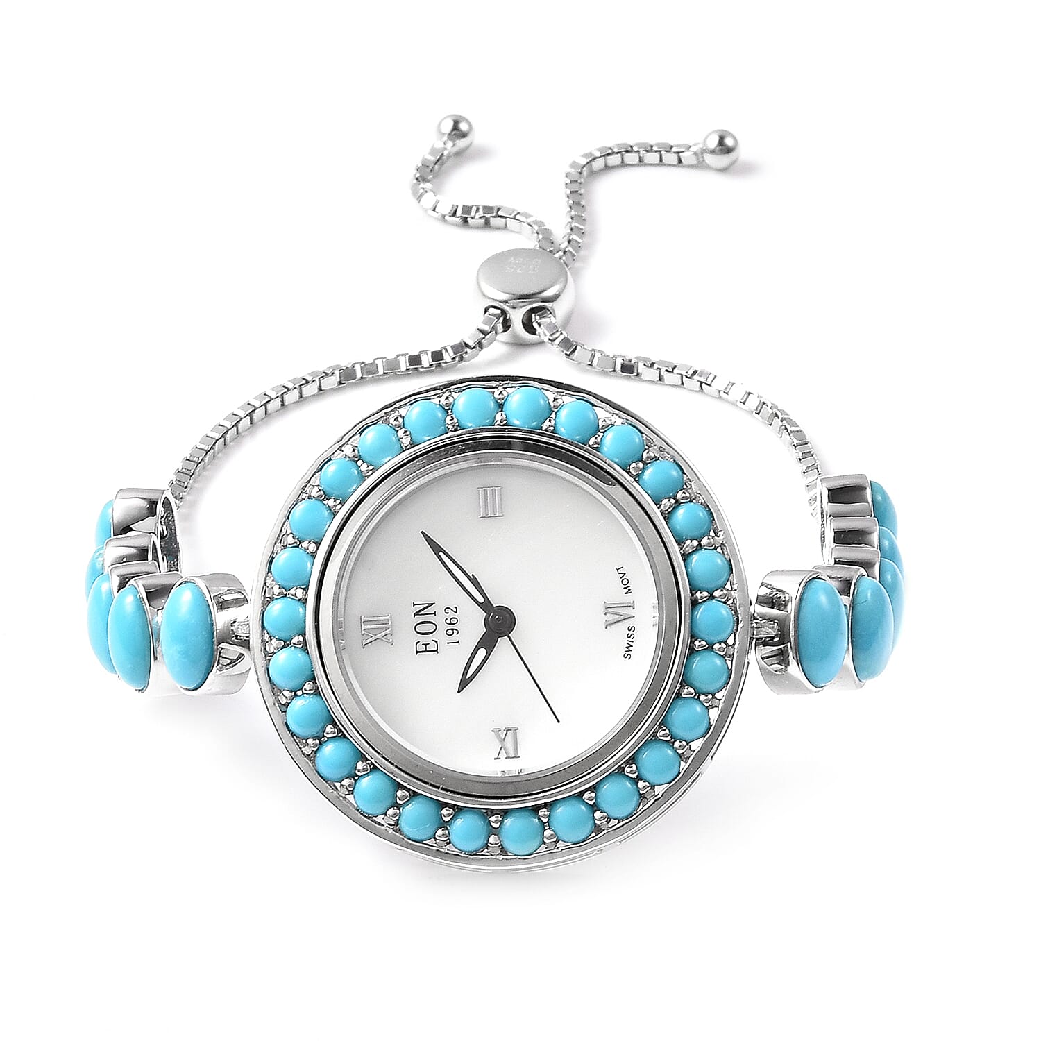 Arizona Sleeping Beauty Turquoise Adjustable Bracelet Watch (Size 6-8) in Sterling Silver