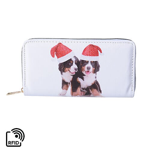 Two Dogs Print RFID Clutch Wallet (Size 18.5x2.5x9.5cm) with Zipper Closure in Gold Tone - White