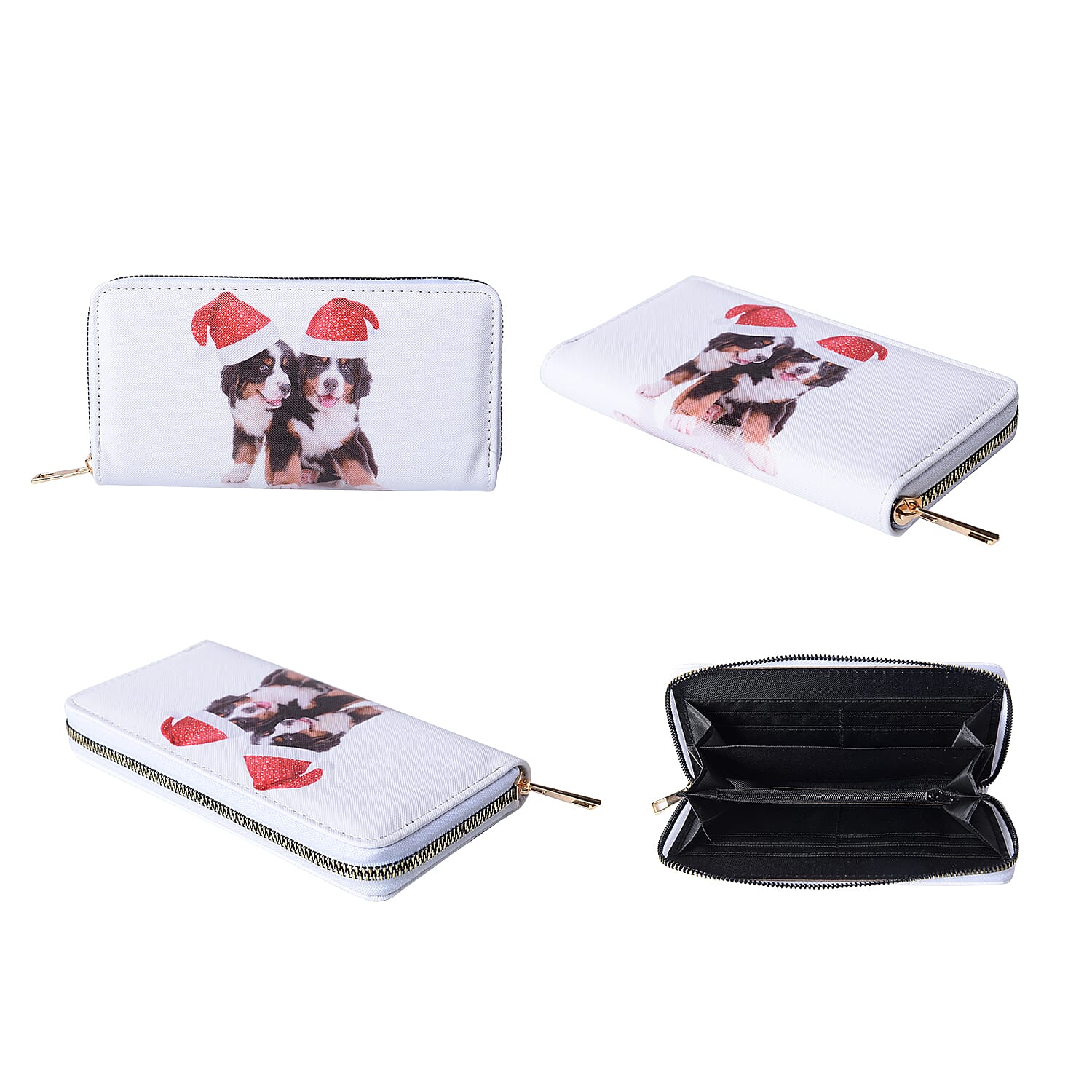 Two Dogs Print RFID Clutch Wallet (Size 18.5x2.5x9.5cm) with Zipper Closure in Gold Tone - White