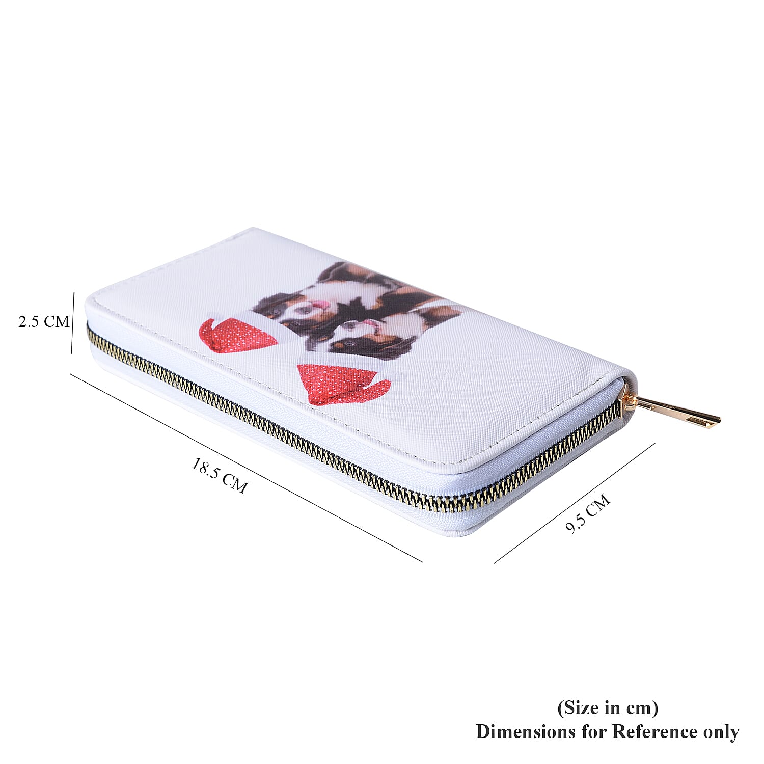 Two Dogs Print RFID Clutch Wallet (Size 18.5x2.5x9.5cm) with Zipper Closure in Gold Tone - White