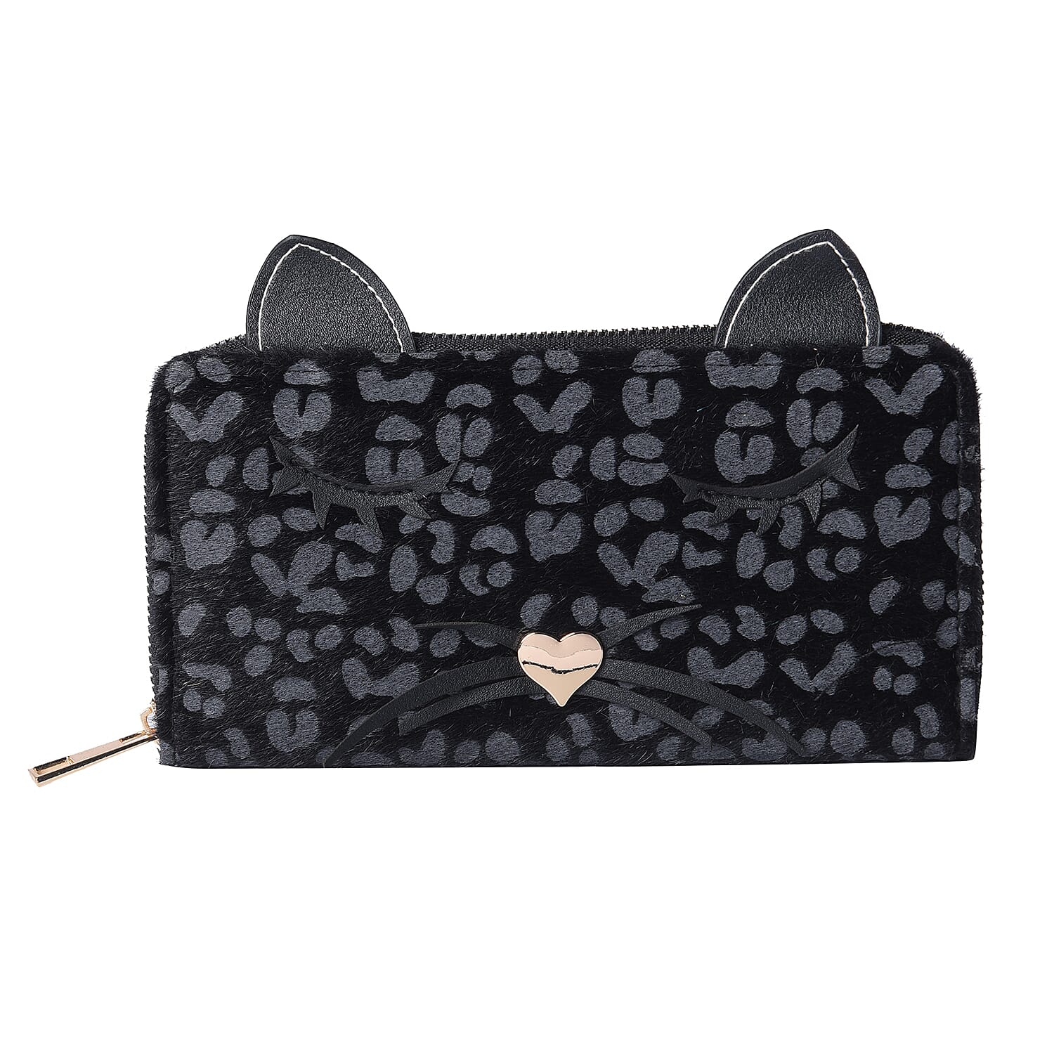 Leopard Print RFID Wallet with Decorative Cat Ears and Heart Nose - Black