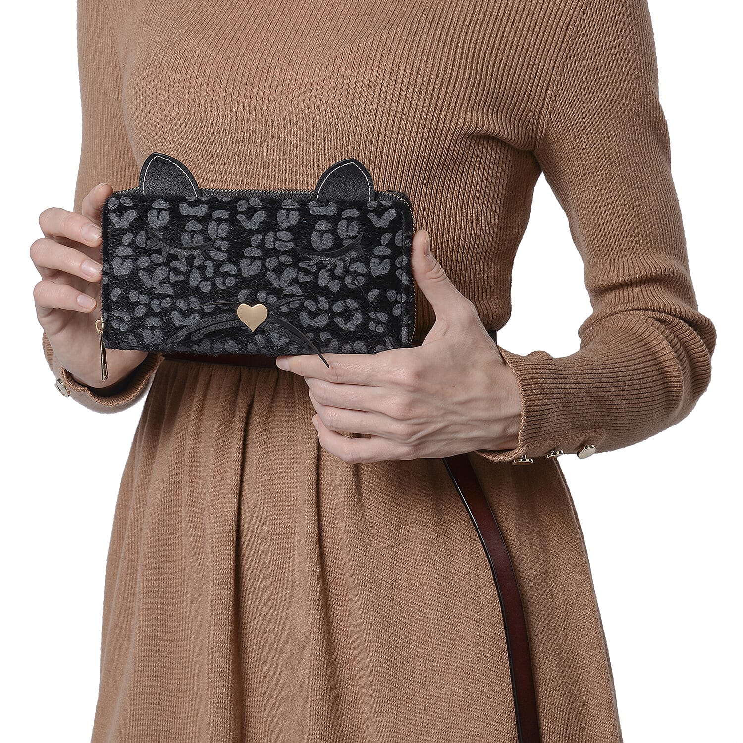 Leopard Print RFID Wallet with Decorative Cat Ears and Heart Nose - Black