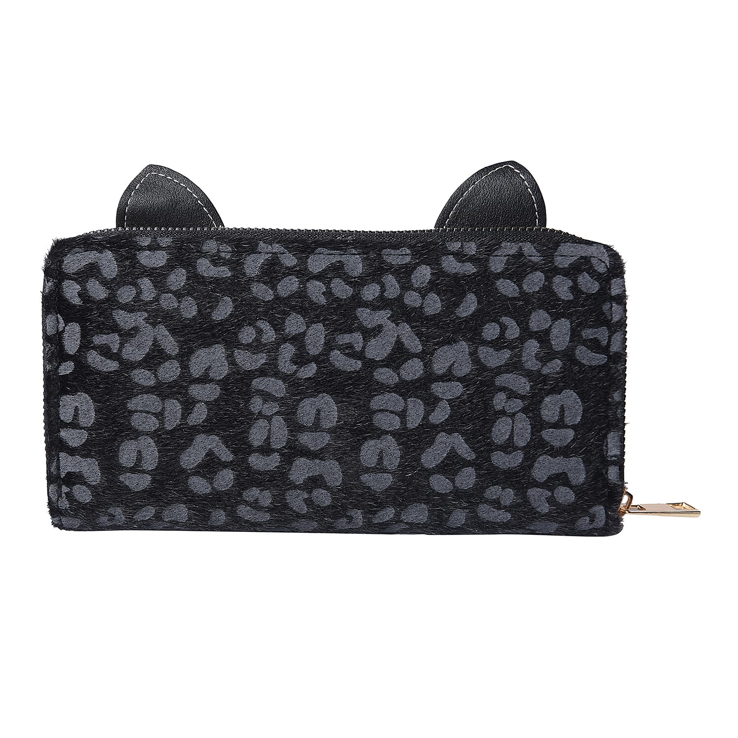 Leopard Print RFID Wallet with Decorative Cat Ears and Heart Nose - Black