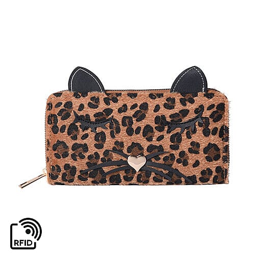 Leopard Print RFID Wallet with Decorative Cat Ears and Heart Nose - Brown