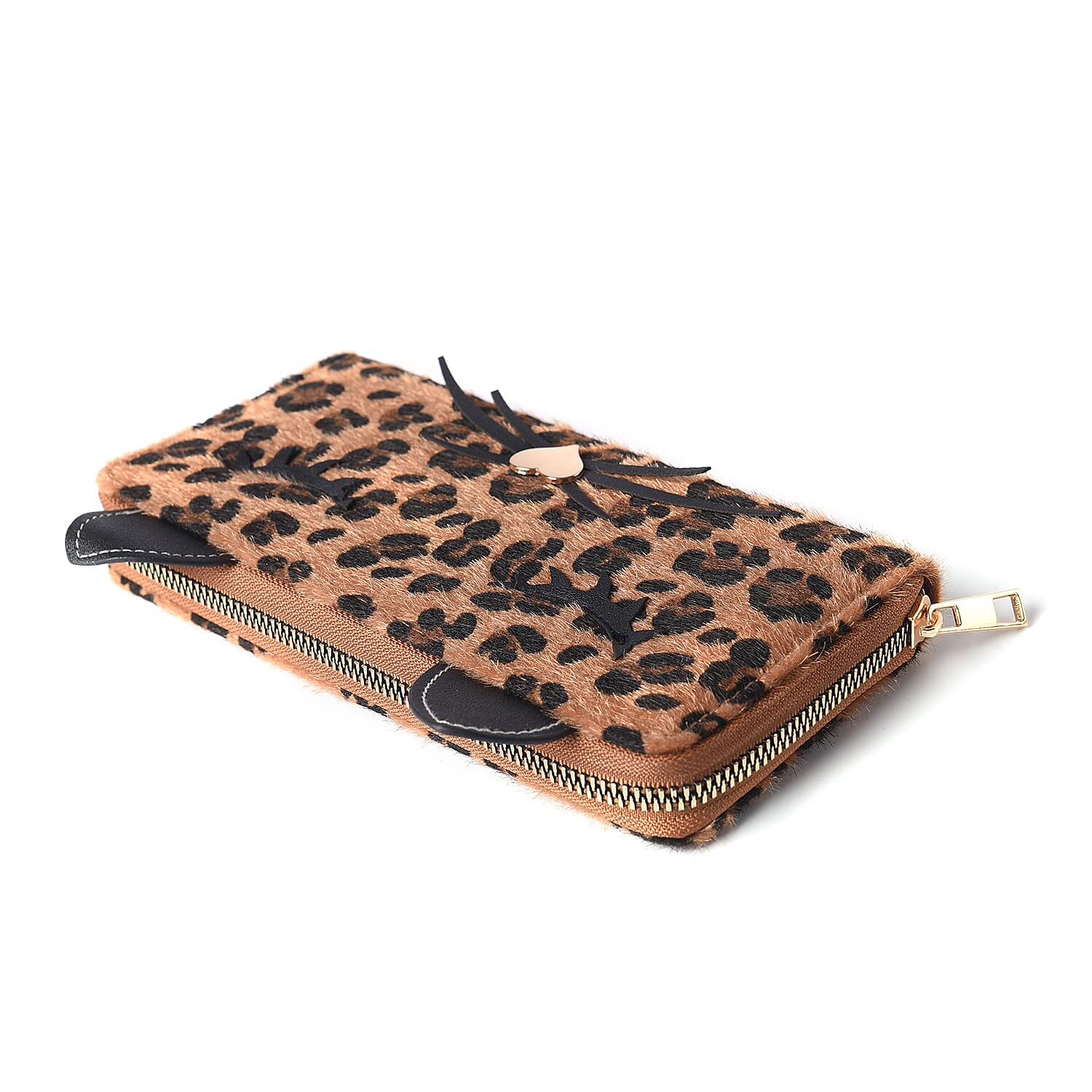 Leopard Print RFID Wallet with Decorative Cat Ears and Heart Nose - Brown