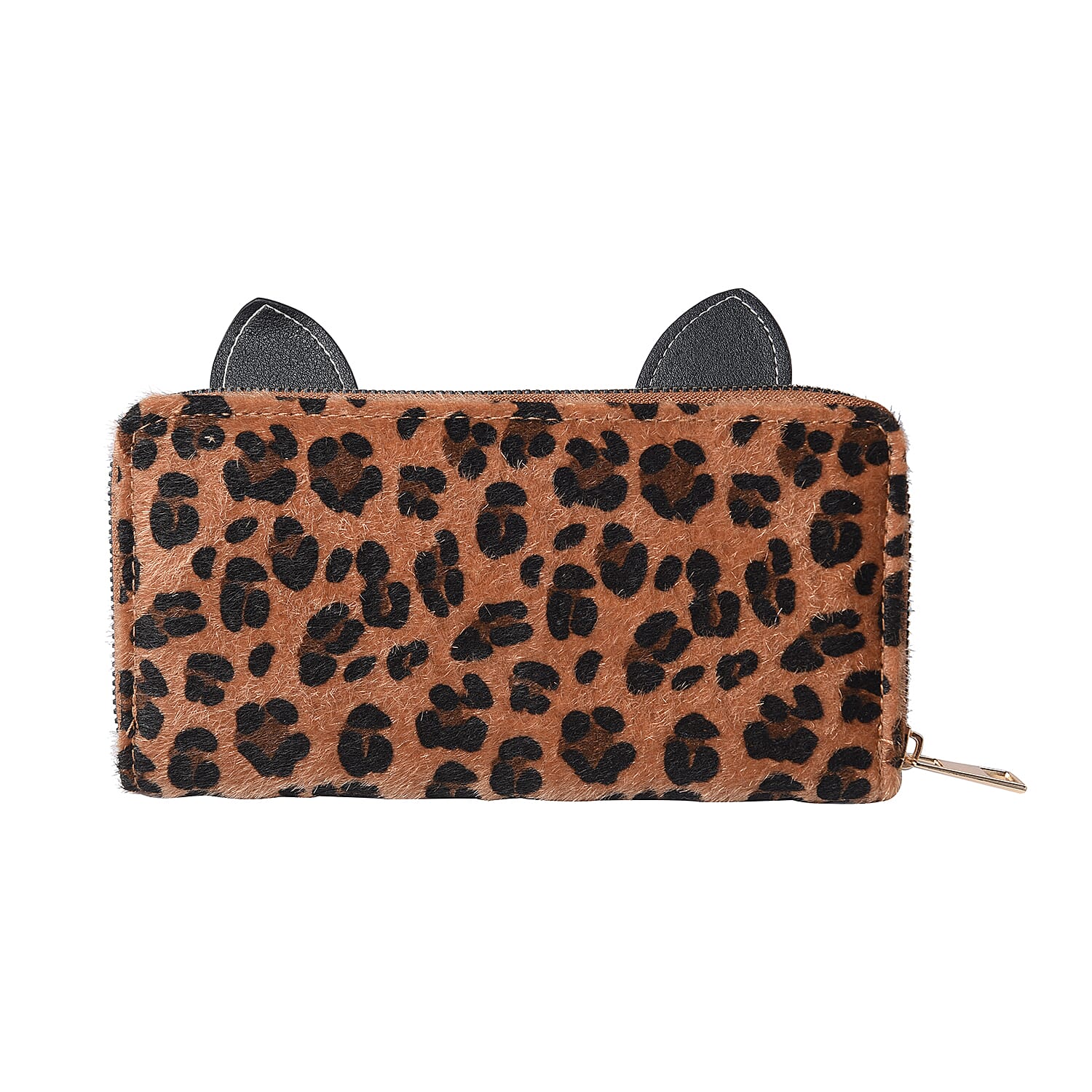 Leopard Print RFID Wallet with Decorative Cat Ears and Heart Nose - Brown