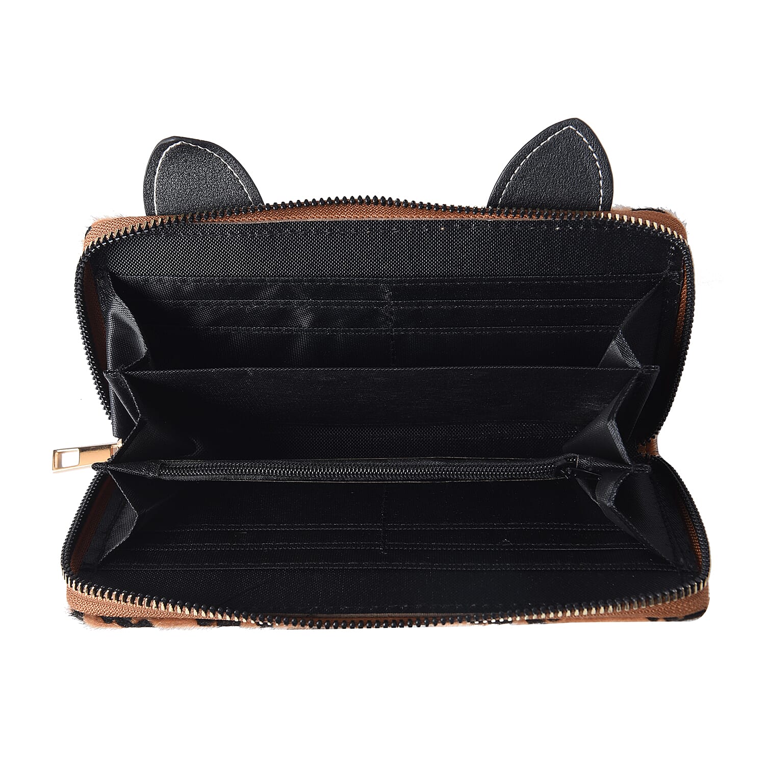 Leopard Print RFID Wallet with Decorative Cat Ears and Heart Nose - Brown